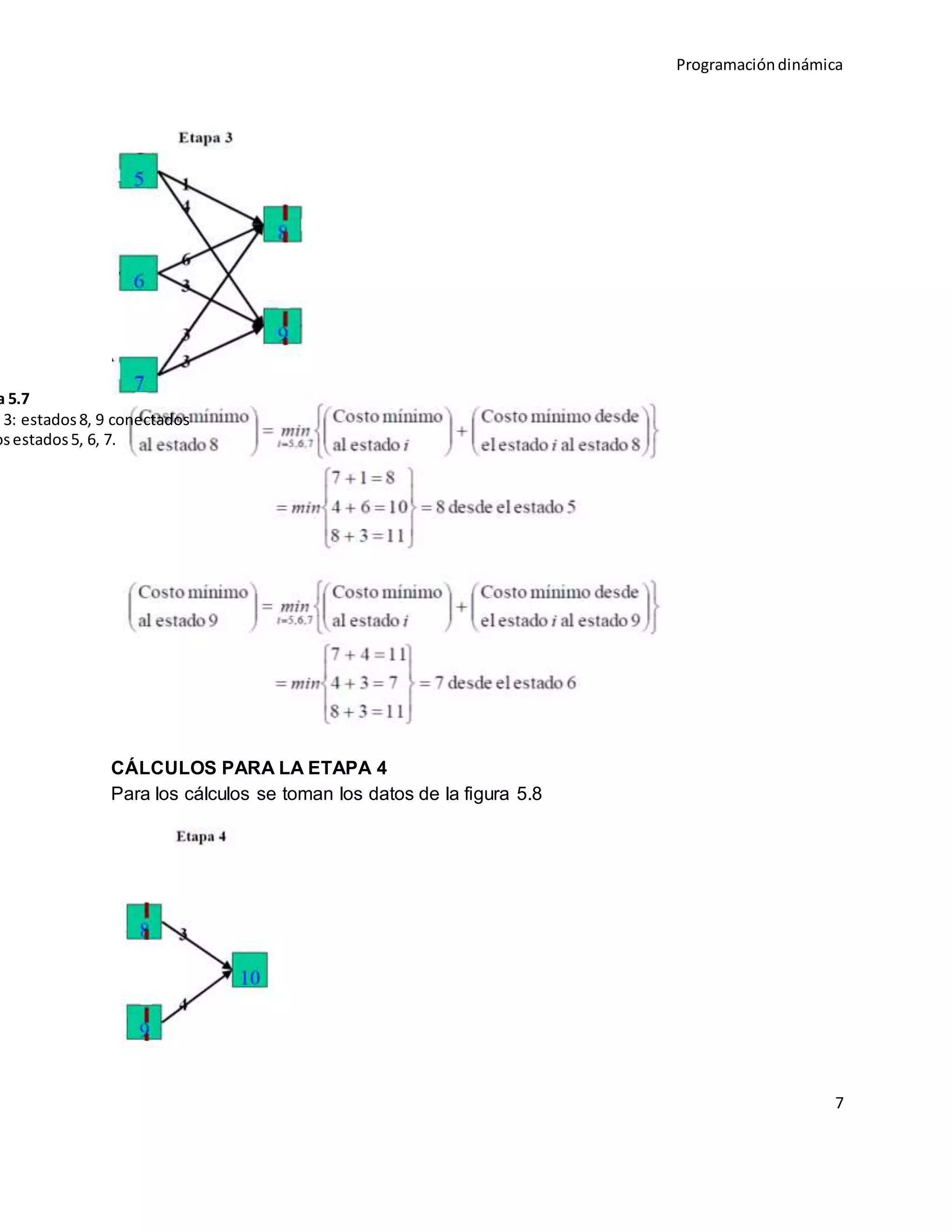 Programacióndinámica
7
CÁLCULOS PARA LA ETAPA 4
Para los cálculos se toman los datos de la figura 5.8
a 5.7
a 3: estados8, 9 conectados
osestados5, 6, 7.
 
