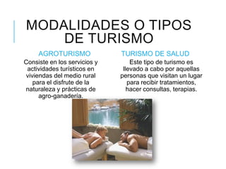 MODALIDADES O TIPOS
DE TURISMO
AGROTURISMO TURISMO DE SALUD
Consiste en los servicios y
actividades turísticos en
viviendas del medio rural
para el disfrute de la
naturaleza y prácticas de
agro-ganadería.
Este tipo de turismo es
llevado a cabo por aquellas
personas que visitan un lugar
para recibir tratamientos,
hacer consultas, terapias.
 