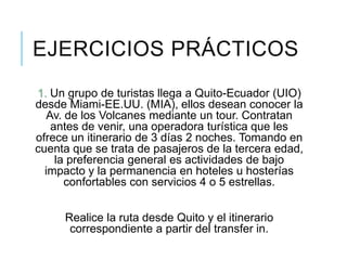 EJERCICIOS PRÁCTICOS
1. Un grupo de turistas llega a Quito-Ecuador (UIO)
desde Miami-EE.UU. (MIA), ellos desean conocer la
Av. de los Volcanes mediante un tour. Contratan
antes de venir, una operadora turística que les
ofrece un itinerario de 3 días 2 noches. Tomando en
cuenta que se trata de pasajeros de la tercera edad,
la preferencia general es actividades de bajo
impacto y la permanencia en hoteles u hosterías
confortables con servicios 4 o 5 estrellas.
Realice la ruta desde Quito y el itinerario
correspondiente a partir del transfer in.
 