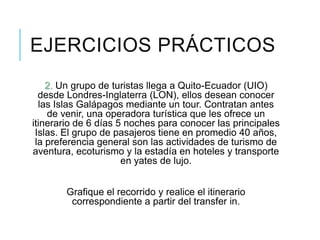 EJERCICIOS PRÁCTICOS
2. Un grupo de turistas llega a Quito-Ecuador (UIO)
desde Londres-Inglaterra (LON), ellos desean conocer
las Islas Galápagos mediante un tour. Contratan antes
de venir, una operadora turística que les ofrece un
itinerario de 6 días 5 noches para conocer las principales
Islas. El grupo de pasajeros tiene en promedio 40 años,
la preferencia general son las actividades de turismo de
aventura, ecoturismo y la estadía en hoteles y transporte
en yates de lujo.
Grafique el recorrido y realice el itinerario
correspondiente a partir del transfer in.
 
