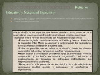    Según la norma tendremos que reflejar los aspectos concretos establecidos para el Refuerzo Educativo en el ciclo trabajado y todo lo referido al alumnado con
    Necesidad Específica de Apoyo Educativo.
   Los aspectos fundamentales que podremos incluir:




    -Hacer alusión a los aspectos que hemos acordado sobre como se va a
    desarrollar el refuerzo en nuestro ciclo (destinatarios, medidas concretas).
    -Incorporar todo lo referido al alumnado con Necesidades Específicas:
         Presentar según la normativa existente en Castilla y León en Atención a
         la Diversidad (Plan Marco de Atención a la Diversidad), los destinatarios
         de estas medidas en relación a nuestro ciclo.
         Incluir un parrafillo que se refiera a la atención desde los diversos
                                                                      .
         documentos del centro y también en nuestras Programaciones.
         Hacer alusión a la utilización de distintos tipos de actividades: refuerzo,
         recuperación y ampliación en nuestra programación, así como el
         establecimiento de búsqueda de estrategias metodológicas que
         respondan ante esta diversidad.
         Hacer alusión a la presencia de los distintos tipos de adaptaciones
         curriculares posibles (acceso y curriculares- no significativas y
         significativas-).
 
