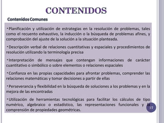 Planificación y utilización de estrategias en la resolución de problemas, tales como el recuento exhaustivo, la inducción o la búsqueda de problemas afines, y comprobación del ajuste de la solución a la situación planteada.  Descripción verbal de relaciones cuantitativas y espaciales y procedimientos de resolución utilizando la terminología precisa Interpretación de mensajes que contengan informaciones de carácter cuantitativo o simbólico o sobre elementos o relaciones espaciales Confianza en las propias capacidades para afrontar problemas, comprender las relaciones matemáticas y tomar decisiones a partir de ellas Perseverancia y flexibilidad en la búsqueda de soluciones a los problemas y en la mejora de las encontradas Utilización de herramientas tecnológicas para facilitar los cálculos de tipo numérico, algebraico o estadístico, las representaciones funcionales y la comprensión de propiedades geométricas. 