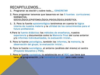 RECAPITULEMOS…
1. Programar es decidir y sobre todo…. CONCRETAR
2. Para programar tenemos que basarnos en las 5 fuentes curriculares:
NORMATIVA,
SOCIOLÓGICA,EPISTEMOLÓGICA,PSICOLÓGICA,DIDÁCTICA.
1. 3. Para la fuente epistemológica tendremos en cuenta la lógica
interna de nuestra materia y la utilidad de los conocimientos para el
futuro profesional.
4.Para la fuente didáctica: los métodos de enseñanza, nuestra
experiencia y documentos como la Memoria Final del curso anterior
y/o informes individualizados, la evaluación inicial…
5. Para la fuente psicológica, también los informes, la memoria, la
observación del grupo, la evaluación inicial…
6. Para la fuente sociológica, el entorno (análisis del mismo) el centro
(Proyecto Educativo y PGA).
7. Para la fuente normativa; lo establecido en el ROC que tiene que
tener la programación, y la normativa en vigor para cada curso.
 