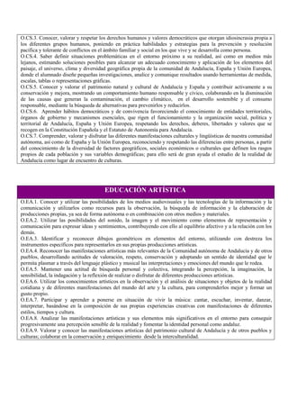 O.CS.3. Conocer, valorar y respetar los derechos humanos y valores democráticos que otorgan idiosincrasia propia a
los diferentes grupos humanos, poniendo en práctica habilidades y estrategias para la prevención y resolución
pacífica y tolerante de conflictos en el ámbito familiar y social en los que vive y se desarrolla como persona.
O.CS.4. Saber definir situaciones problemáticas en el entorno próximo a su realidad, así como en medios más
lejanos, estimando soluciones posibles para alcanzar un adecuado conocimiento y aplicación de los elementos del
paisaje, el universo, clima y diversidad geográfica propia de la comunidad de Andalucía, España y Unión Europea,
donde el alumnado diseñe pequeñas investigaciones, analice y comunique resultados usando herramientas de medida,
escalas, tablas o representaciones gráficas.
O.CS.5. Conocer y valorar el patrimonio natural y cultural de Andalucía y España y contribuir activamente a su
conservación y mejora, mostrando un comportamiento humano responsable y cívico, colaborando en la disminución
de las causas que generan la contaminación, el cambio climático, en el desarrollo sostenible y el consumo
responsable, mediante la búsqueda de alternativas para prevenirlos y reducirlos.
O.CS.6. Aprender hábitos democráticos y de convivencia favoreciendo el conocimiento de entidades territoriales,
órganos de gobierno y mecanismos esenciales, que rigen el funcionamiento y la organización social, política y
territorial de Andalucía, España y Unión Europea, respetando los derechos, deberes, libertades y valores que se
recogen en la Constitución Española y el Estatuto de Autonomía para Andalucía.
O.CS.7. Comprender, valorar y disfrutar las diferentes manifestaciones culturales y lingüísticas de nuestra comunidad
autónoma, así como de España y la Unión Europea, reconociendo y respetando las diferencias entre personas, a partir
del conocimiento de la diversidad de factores geográficos, sociales económicos o culturales que definen los rasgos
propios de cada población y sus variables demográficas; para ello será de gran ayuda el estudio de la realidad de
Andalucía como lugar de encuentro de culturas.
EDUCACIÓN ARTÍSTICA
O.EA.1. Conocer y utilizar las posibilidades de los medios audiovisuales y las tecnologías de la información y la
comunicación y utilizarlos como recursos para la observación, la búsqueda de información y la elaboración de
producciones propias, ya sea de forma autónoma o en combinación con otros medios y materiales.
O.EA.2. Utilizar las posibilidades del sonido, la imagen y el movimiento como elementos de representación y
comunicación para expresar ideas y sentimientos, contribuyendo con ello al equilibrio afectivo y a la relación con los
demás.
O.EA.3. Identificar y reconocer dibujos geométricos en elementos del entorno, utilizando con destreza los
instrumentos específicos para representarlos en sus propias producciones artísticas.
O.EA.4. Reconocer las manifestaciones artísticas más relevantes de la Comunidad autónoma de Andalucía y de otros
pueblos, desarrollando actitudes de valoración, respeto, conservación y adoptando un sentido de identidad que le
permita plasmar a través del lenguaje plástico y musical las interpretaciones y emociones del mundo que le rodea.
O.EA.5. Mantener una actitud de búsqueda personal y colectiva, integrando la percepción, la imaginación, la
sensibilidad, la indagación y la reflexión de realizar o disfrutar de diferentes producciones artísticas.
O.EA.6. Utilizar los conocimientos artísticos en la observación y el análisis de situaciones y objetos de la realidad
cotidiana y de diferentes manifestaciones del mundo del arte y la cultura, para comprenderlos mejor y formar un
gusto propio.
O.EA.7. Participar y aprender a ponerse en situación de vivir la música: cantar, escuchar, inventar, danzar,
interpretar, basándose en la composición de sus propias experiencias creativas con manifestaciones de diferentes
estilos, tiempos y cultura.
O.EA.8. Analizar las manifestaciones artísticas y sus elementos más significativos en el entorno para conseguir
progresivamente una percepción sensible de la realidad y fomentar la identidad personal como andaluz.
O.EA.9. Valorar y conocer las manifestaciones artísticas del patrimonio cultural de Andalucía y de otros pueblos y
culturas; colaborar en la conservación y enriquecimiento desde la interculturalidad.
 
