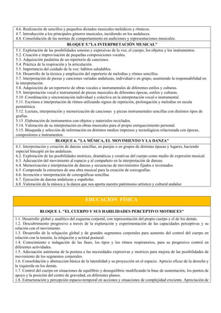 4.6. Realización de sencillos y pequeños dictados musicales melódicos y rítmicos.
4.7. Introducción a los principales géneros musicales, incidiendo en los andaluces.
4.8. Consolidación de las normas de comportamiento en audiciones y representaciones musicales.
BLOQUE 5."LA INTERPRETACIÓN MUSICAL"
5.1. Exploración de las posibilidades sonoras y expresivas de la voz, el cuerpo, los objetos y los instrumentos.
5.2. Creación e improvisación de pequeñas composiciones vocales.
5.3. Adquisición paulatina de un repertorio de canciones.
5.4. Práctica de la respiración y la articulación.
5.5. Importancia del cuidado de la voz: hábitos saludables.
5.6. Desarrollo de la técnica y ampliación del repertorio de melodías y ritmos sencillos.
5.7. Interpretación de piezas y canciones variadas andaluzas, individual o en grupo, asumiendo la responsabilidad en
la interpretación.
5.8. Adquisición de un repertorio de obras vocales e instrumentales de diferentes estilos y culturas.
5.9. Interpretación vocal e instrumental de piezas musicales de diferentes épocas, estilos y culturas.
5.10 .Coordinación y sincronización individual y colectiva en la interpretación vocal o instrumental.
5.11. Escritura e interpretación de ritmos utilizando signos de repetición, prolongación y melodías en escala
pentatónica.
5.12. Lectura, interpretación y memorización de canciones y piezas instrumentales sencillas con distintos tipos de
grafías.
5.13 .Elaboración de instrumentos con objetos y materiales reciclados.
5.14. Valoración de su interpretación en obras musicales para el propio enriquecimiento personal.
5.15. Búsqueda y selección de información en distintos medios impresos y tecnológicos relacionada con épocas,
compositores e instrumentos.
BLOQUE 6. "LA MÚSICA, EL MOVIMIENTO Y LA DANZA"
6.1. Interpretación y creación de danzas sencillas, en parejas o en grupos de distintas épocas y lugares, haciendo
especial hincapié en las andaluzas.
6.2. Exploración de las posibilidades motrices, dramáticas y creativas del cuerpo como medio de expresión musical.
6.3. Adecuación del movimiento al espacio y al compañero en la interpretación de danzas.
6.4. Memorización e interpretación de danzas y secuencias de movimientos fijados e inventados
6.5 .Comprende la estructura de una obra musical para la creación de coreografías.
6.6. Invención e interpretación de coreográficas sencillas.
6.7. Ejecución de danzas andaluzas y españolas.
6.8 .Valoración de la música y la danza que nos aporta nuestro patrimonio artístico y cultural andaluz
EDUCACIÓN FÍSICA
BLOQUE 1. "EL CUERPO Y SUS HABILIDADES PERCEPTIVO MOTRICES"
1.1. Desarrollo global y analítico del esquema corporal, con representación del propio cuerpo y el de los demás.
1.2. Descubrimiento progresivo a través de la exploración y experimentación de las capacidades perceptivas y su
relación con el movimiento.
1.3. Desarrollo de la relajación global y de grandes segmentos corporales para aumento del control del cuerpo en
relación con la tensión, la relajación y actitud postural.
1.4. Conocimiento e indagación de las fases, los tipos y los ritmos respiratorios, para su progresivo control en
diferentes actividades.
1.5. Adecuación autónoma de la postura a las necesidades expresivas y motrices para mejora de las posibilidades de
movimiento de los segmentos corporales.
1.6. Consolidación y abstracción básica de la lateralidad y su proyección en el espacio. Aprecio eficaz de la derecha y
la izquierda en los demás.
1.7. Control del cuerpo en situaciones de equilibrio y desequilibrio modificando la base de sustentación, los puntos de
apoyo y la posición del centro de gravedad, en diferentes planos.
1.8. Estructuración y percepción espacio-temporal en acciones y situaciones de complejidad creciente. Apreciación de
 
