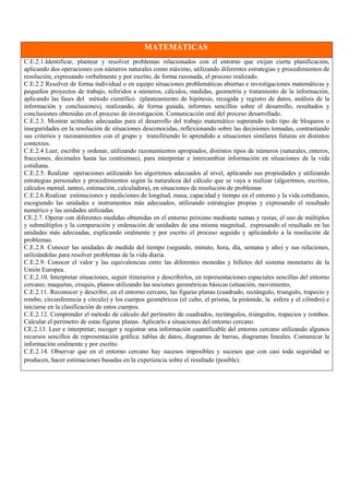 MATEMÁTICAS
C.E.2.1.Identificar, plantear y resolver problemas relacionados con el entorno que exijan cierta planificación,
aplicando dos operaciones con números naturales como máximo, utilizando diferentes estrategias y procedimientos de
resolución, expresando verbalmente y por escrito, de forma razonada, el proceso realizado.
C.E.2.2 Resolver de forma individual o en equipo situaciones problemáticas abiertas e investigaciones matemáticas y
pequeños proyectos de trabajo, referidos a números, cálculos, medidas, geometría y tratamiento de la información,
aplicando las fases del método científico (planteamiento de hipótesis, recogida y registro de datos, análisis de la
información y conclusiones), realizando, de forma guiada, informes sencillos sobre el desarrollo, resultados y
conclusiones obtenidas en el proceso de investigación. Comunicación oral del proceso desarrollado.
C.E.2.3. Mostrar actitudes adecuadas para el desarrollo del trabajo matemático superando todo tipo de bloqueos o
inseguridades en la resolución de situaciones desconocidas, reflexionando sobre las decisiones tomadas, contrastando
sus criterios y razonamientos con el grupo y transfiriendo lo aprendido a situaciones similares futuras en distintos
contextos.
C.E.2.4 Leer, escribir y ordenar, utilizando razonamientos apropiados, distintos tipos de números (naturales, enteros,
fracciones, decimales hasta las centésimas), para interpretar e intercambiar información en situaciones de la vida
cotidiana.
C.E.2.5. Realizar operaciones utilizando los algoritmos adecuados al nivel, aplicando sus propiedades y utilizando
estrategias personales y procedimientos según la naturaleza del cálculo que se vaya a realizar (algoritmos, escritos,
cálculos mental, tanteo, estimación, calculadora), en situaciones de resolución de problemas
C.E.2.6.Realizar estimaciones y mediciones de longitud, masa, capacidad y tiempo en el entorno y la vida cotidianos,
escogiendo las unidades e instrumentos más adecuados, utilizando estrategias propias y expresando el resultado
numérico y las unidades utilizadas.
CE.2.7. Operar con diferentes medidas obtenidas en el entorno próximo mediante sumas y restas, el uso de múltiplos
y submúltiplos y la comparación y ordenación de unidades de una misma magnitud, expresando el resultado en las
unidades más adecuadas, explicando oralmente y por escrito el proceso seguido y aplicándolo a la resolución de
problemas.
C.E.2.8. Conocer las unidades de medida del tiempo (segundo, minuto, hora, día, semana y año) y sus relaciones,
utilizándolas para resolver problemas de la vida diaria.
C.E.2.9. Conocer el valor y las equivalencias entre las diferentes monedas y billetes del sistema monetario de la
Unión Europea.
C.E.2.10. Interpretar situaciones, seguir itinerarios y describirlos, en representaciones espaciales sencillas del entorno
cercano; maquetas, croquis, planos utilizando las nociones geométricas básicas (situación, movimiento,
C.E.2.11. Reconocer y describir, en el entorno cercano, las figuras planas (cuadrado, rectángulo, triangulo, trapecio y
rombo, circunferencia y círculo) y los cuerpos geométricos (el cubo, el prisma, la pirámide, la esfera y el cilindro) e
iniciarse en la clasificación de estos cuerpos.
C.E.2.12. Comprender el método de cálculo del perímetro de cuadrados, rectángulos, triángulos, trapecios y rombos.
Calcular el perímetro de estas figuras planas. Aplicarlo a situaciones del entorno cercano.
CE.2.13. Leer e interpretar; recoger y registrar una información cuantificable del entorno cercano utilizando algunos
recursos sencillos de representación gráfica: tablas de datos, diagramas de barras, diagramas lineales. Comunicar la
información oralmente y por escrito.
C.E.2.14. Observar que en el entorno cercano hay sucesos imposibles y sucesos que con casi toda seguridad se
producen, hacer estimaciones basadas en la experiencia sobre el resultado (posible).
 