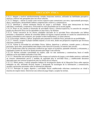 EDUCACIÓN FÍSICA
C.E.2.1. Integrar y resolver satisfactoriamente variadas situaciones motrices, utilizando las habilidades perceptivo-
motrices y básicas más apropiadas para una eficaz solución.
C.E.2.2. Indagar y utilizar el cuerpo como recurso expresivo para comunicarse con otros, representando personajes,
ideas y sentimientos, desarrollando ámbitos competenciales creativos y comunicativos.
C.E.2.3. Identificar y utilizar estrategias básicas de juegos y actividades físicas para interaccionar de forma
individual, coordinada y cooperativa, resolviendo los retos presentados por la acción jugada.
C.E.2.4. Poner en uso, durante el desarrollo de actividades físicas y artístico-expresivas, la conexión de conceptos
propios de educación física con los aprendidos en otras áreas y las distintas
C.E.2.5. Tomar conciencia de los efectos saludables derivados de la actividad física relacionados con hábitos
posturales y alimentarios, además de consolidar hábitos de higiene corporal teniendo en cuenta las características de
nuestra comunidad en estos aspectos, por ejemplo la dieta mediterránea y el clima caluroso.
C.E.2.6.Investigar, elaborar y aplicar propuestas para aumentar la condición física, pariendo de sus posibilidades.
C.E.2.7. Valorar y aceptar la propia realidad corporal y la de otros, desde una perspectiva respetuosa que favorezca
relaciones constructivas.
C.E.2.8. Valorar la diversidad de actividades físicas, lúdicas, deportivas y artísticas, creando gustos y aficiones
personales hacia ellas, practicándolas tanto dentro como fuera de la escuela y el entorno más cercano.
C.E.2.9. Reflexionar sobre las situaciones conflictivas que surjen en la práctica, opinando coherente y críticamente, y
respetando el punto de vista de las demás personas para llegar a una solución.
C.E.2.10. Mostrar actitudes consolidadas de respeto, cada vez más autónomas y constructivas, hacia el medio
ambiente en las actividades realizadas al aire libre
C.E.2.11. Desarrollar una actitud que permita evitar riesgos en la práctica de juegos y actividades motrices, realizando
un correcto calentamiento previo y medidas de seguridad para la actividad física, y estableciendo descansos
adecuados para una correcta recuperación ante los efectos de un esfuerzo.
C.E.2.12. Inferir pautas y realizar pequeños trabajos de investigación dentro de la Educación Física sobre aspectos
trabajados en ella, utilizando diversas fuentes y destacando las tecnologías de la información y comunicación,
sacando conclusiones personales sobre la información elaborada.
C.E.2.13. Participar en juegos, deportes y actividades físicas estableciendo relaciones constructivas en virtud a
muestras de respeto mutuo. Interiorizar una cultura de juego limpio y aceptar las normas.
 