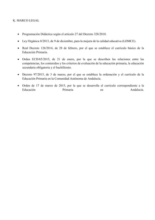 K. MARCO LEGAL
 Programación Didáctica según el artículo 27 del Decreto 328/2010.
 Ley Orgánica 8/2013, de 9 de diciembre, para la mejora de la calidad educativa (LOMCE).
 Real Decreto 126/2014, de 28 de febrero, por el que se establece el currículo básico de la
Educación Primaria.
 Orden ECD/65/2015, de 21 de enero, por la que se describen las relaciones entre las
competencias, los contenidos y los criterios de evaluación de la educación primaria, la educación
secundaria obligatoria y el bachillerato.
 Decreto 97/2015, de 3 de marzo, por el que se establece la ordenación y el currículo de la
Educación Primaria en la Comunidad Autónoma de Andalucía.
 Orden de 17 de marzo de 2015, por la que se desarrolla el currículo correspondiente a la
Educación Primaria en Andalucía.
 