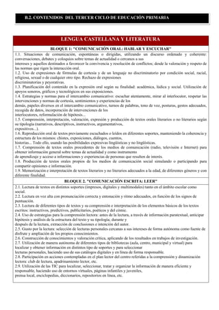 LENGUA CASTELLANA Y LITERATURA
BLOQUE 1: "COMUNICACIÓN ORAL: HABLAR Y ESCUCHAR"
1.1. Situaciones de comunicación, espontáneas o dirigidas, utilizando un discurso ordenado y coherente:
conversaciones, debates y coloquios sobre temas de actualidad o cercanos a sus
intereses y aquellos destinados a favorecer la convivencia y resolución de conflictos; desde la valoración y respeto de
las normas que rigen la interacción oral.
1.2. Uso de expresiones de fórmulas de cortesía y de un lenguaje no discriminatorio por condición social, racial,
religiosa, sexual o de cualquier otro tipo. Rechazo de expresiones
discriminatorias y peyorativas.
1.3. Planificación del contenido en la expresión oral según su finalidad: académica, lúdica y social. Utilización de
apoyos sonoros, gráficos y tecnológicos en sus exposiciones.
1.4. Estrategias y normas para el intercambio comunicativo: escuchar atentamente, mirar al interlocutor, respetar las
intervenciones y normas de cortesía, sentimientos y experiencias de los
demás, papeles diversos en el intercambio comunicativo, turnos de palabras, tono de voz, posturas, gestos adecuados,
recogida de datos, incorporación de intervenciones de los
interlocutores, reformulación de hipótesis...
1.5. Comprensión, interpretación, valoración, expresión y producción de textos orales literarios o no literarios según
su tipología (narrativos, descriptivos, instructivos, argumentativos,
expositivos...).
1.6. Reproducción oral de textos previamente escuchados o leídos en diferentes soportes, manteniendo la coherencia y
estructura de los mismos: chistes, exposiciones, diálogos, cuentos,
historias... Todo ello, usando las posibilidades expresivas lingüísticas y no lingüísticas.
1.7. Comprensión de textos orales procedentes de los medios de comunicación (radio, televisión e Internet) para
obtener información general sobre temas de actualidad y como instrumento
de aprendizaje y acceso a informaciones y experiencias de personas que resulten de interés.
1.8. Producción de textos orales propios de los medios de comunicación social simulando o participando para
compartir opiniones e información.
1.9. Memorización e interpretación de textos literarios y no literarios adecuados a la edad, de diferentes géneros y con
diferente finalidad.
BLOQUE 2. "COMUNICACIÓN ESCRITA: LEER"
2.1. Lectura de textos en distintos soportes (impresos, digitales y multimodales) tanto en el ámbito escolar como
social.
2.2. Lectura en voz alta con pronunciación correcta y entonación y ritmo adecuados, en función de los signos de
puntuación.
2.3. Lectura de diferentes tipos de textos y su comprensión e interpretación de los elementos básicos de los textos
escritos: instructivos, predictivos, publicitarios, poéticos y del cómic.
2.4. Uso de estrategias para la comprensión lectora: antes de la lectura, a través de información paratextual, anticipar
hipótesis y análisis de la estructura del texto y su tipología; durante y
después de la lectura, extracción de conclusiones e intención del autor.
2.5. Gusto por la lectura: selección de lecturas personales cercanas a sus intereses de forma autónoma como fuente de
disfrute y ampliación de los propios conocimientos.
2.6. Construcción de conocimientos y valoración crítica, aplicando de los resultados en trabajos de investigación.
2.7. Utilización de manera autónoma de diferentes tipos de bibliotecas (aula, centro, municipal y virtual) para
localizar y obtener información en distintos tipo de soportes y para seleccionar
lecturas personales, haciendo uso de sus catálogos digitales y en línea de forma responsable.
2.8. Participación en acciones contempladas en el plan lector del centro referidas a la comprensión y dinamización
lectora: club de lectura, apadrinamiento lector, etc.
2.9. Utilización de las TIC para localizar, seleccionar, tratar y organizar la información de manera eficiente y
responsable, haciendo uso de entornos virtuales, páginas infantiles y juveniles,
prensa local, enciclopedias, diccionarios, repositorios en línea, etc.
B.2. CONTENIDOS DEL TERCER CICLO DE EDUCACIÓN PRIMARIA
 