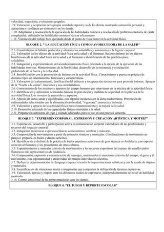 velocidad, trayectoria, evoluciones grupales.
1.9. Valoración y aceptación de la propia realidad corporal y la de los demás mostrando autonomía personal y
autoestima y confianza en sí mismo y en los demás.
1.10. Adaptación y resolución de la ejecución de las habilidades motrices a resolución de problemas motores de cierta
complejidad, utilizando las habilidades motrices básicas eficazmente.
1.11. Valoración del trabajo bien ejecutado desde el punto de vista motor en la actividad física.
BLOQUE 2. " LA EDUCACIÓN FÍSICA COMO FAVORECEDORA DE LA SALUD"
2.1. Consolidación de hábitos posturales y alimentarios saludables y autonomía en la higiene corporal.
2.2. Valoración de los efectos de la actividad física en la salud y el bienestar. Reconocimiento de los efectos
beneficiosos de la actividad física en la salud y el bienestar e identificación de las prácticas poco
saludables.
2.3. Indagación y experimentación del acondicionamiento físico orientado a la mejora de la ejecución de las
habilidades motrices. Mantenimiento de la flexibilidad, desarrollo de la resistencia y ejercitación
globalizada de la fuerza y la velocidad.
2.4. Sensibilización con la prevención de lesiones en la actividad física. Conocimiento y puesta en práctica de
distintos tipos de calentamiento, funciones y características.
2.5. Valoración del calentamiento, dosificación del esfuerzo y recuperación necesarios para prevenir lesiones. Aprecio
de la “Vuelta a la calma”, funciones y sus características.
2.6. Conocimiento de los sistemas y aparatos del cuerpo humano que intervienen en la práctica de la actividad física.
2.7. Identificación y aplicación de medidas básicas de prevención y medidas de seguridad en la práctica de la
actividad física. Uso correcto de materiales y espacios.
2.8. Aprecio de dietas sanas y equilibradas, con especial incidencia en la dieta mediterránea. Prevención de
enfermedades relacionadas con la alimentación (obesidad, “vigorexia”, anorexia y bulimia).
2.9. Valoración y aprecio de la actividad física para el mantenimiento y la mejora de la salud.
2.10. Desarrollo adecuado de las capacidades físicas orientadas a la salud.
2.11. Preparación autónoma de ropa y calzado adecuados para su uso en una práctica concreta.
BLOQUE 3. "EXPRESIÓN CORPORAL: EXPRESIÓN Y CREACIÓN ARTÍSTICA Y MOTRIZ"
3.1. Exploración, desarrollo y participación activa en comunicación corporal valiéndonos de las posibilidades y
recursos del lenguaje corporal.
3.2. Indagación en técnicas expresivas básicas como mímica, sombras o máscaras.
3.3. Composición de movimientos a partir de estímulos rítmicos y musicales. Coordinaciones de movimiento en
pareja o grupales, en bailes y danzas sencillos.
3.4. Identificación y disfrute de la práctica de bailes populares autóctonos de gran riqueza en Andalucía, con especial
atención al flamenco y los procedentes de otras culturas.
3.5. Experimentación y marcado, a través de movimientos y los recursos expresivos del cuerpo, de aquellos palos
flamencos más representativos de Andalucía.
3.6. Comprensión, expresión y comunicación de mensajes, sentimientos y emociones a través del cuerpo, el gesto y el
movimiento, con espontaneidad y creatividad, de manera individual o colectiva.
3.7. Disfrute y experimentación del lenguaje corporal a través de improvisaciones artísticas y con la ayuda de objetos
y materiales.
3.8. Escenificación de situaciones reales o imaginarias que comporten la utilización de técnicas expresivas.
3.9. Valoración, aprecio y respeto ante los diferentes modos de expresarse, independientemente del nivel de habilidad
mostrado.
3.10. Control emocional de las representaciones ante los demás.
BLOQUE 4. "EL JUEGO Y DEPORTE ESCOLAR"
 