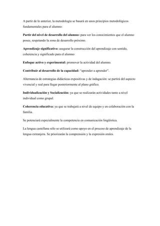 A partir de lo anterior, la metodología se basará en unos principios metodológicos
fundamentales para el alumno:
Partir del nivel de desarrollo del alumno: para ver los conocimientos que el alumno
posee, respetando la zona de desarrollo próximo.
Aprendizaje significativo: asegurar la construcción del aprendizaje con sentido,
coherencia y significado para el alumno
Enfoque activo y experimental: promover la actividad del alumno.
Contribuir al desarrollo de la capacidad: “aprender a aprender”.
Alternancia de estrategias didácticas expositivas y de indagación: se partirá del aspecto
vivencial y real para llegar posteriormente al plano gráfico.
Individualización y Socialización: ya que se realizarán actividades tanto a nivel
individual como grupal.
Coherencia educativa: ya que se trabajará a nivel de equipo y en colaboración con la
familia.
Se potenciará especialmente la competencia en comunicación lingüística.
La lengua castellana sólo se utilizará como apoyo en el proceso de aprendizaje de la
lengua extranjera. Se priorizarán la comprensión y la expresión orales.
 