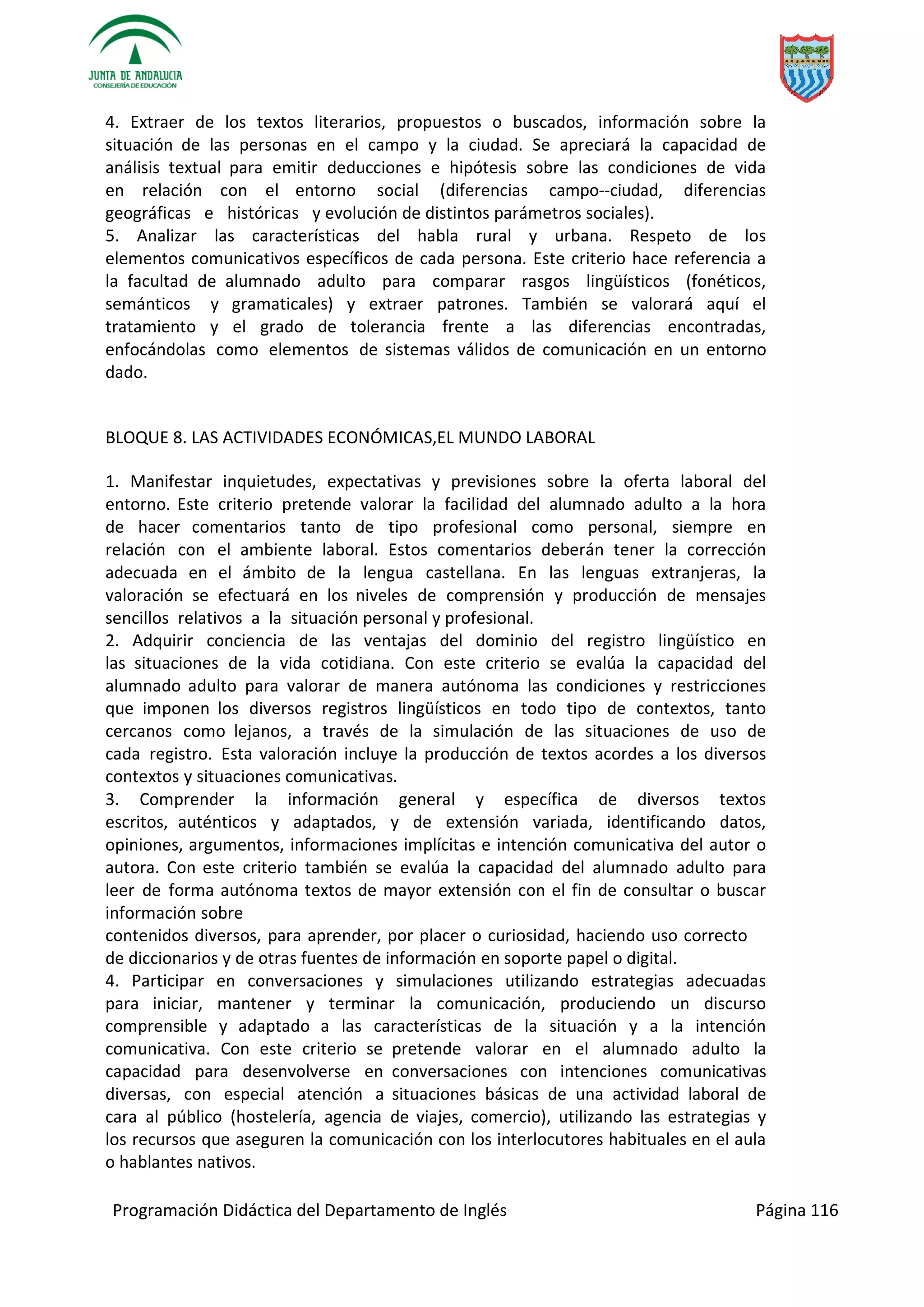 Programación Didáctica del Departamento de Inglés Página 116
4. Extraer de los textos literarios, propuestos o buscados, información sobre la
situación de las personas en el campo y la ciudad. Se apreciará la capacidad de
análisis textual para emitir deducciones e hipótesis sobre las condiciones de vida
en relación con el entorno social (diferencias campo­­ciudad, diferencias
geográficas e históricas y evolución de distintos parámetros sociales).
5. Analizar las características del habla rural y urbana. Respeto de los
elementos comunicativos específicos de cada persona. Este criterio hace referencia a
la facultad de alumnado adulto para comparar rasgos lingüísticos (fonéticos,
semánticos y gramaticales) y extraer patrones. También se valorará aquí el
tratamiento y el grado de tolerancia frente a las diferencias encontradas,
enfocándolas como elementos de sistemas válidos de comunicación en un entorno
dado.
BLOQUE 8. LAS ACTIVIDADES ECONÓMICAS,EL MUNDO LABORAL
1. Manifestar inquietudes, expectativas y previsiones sobre la oferta laboral del
entorno. Este criterio pretende valorar la facilidad del alumnado adulto a la hora
de hacer comentarios tanto de tipo profesional como personal, siempre en
relación con el ambiente laboral. Estos comentarios deberán tener la corrección
adecuada en el ámbito de la lengua castellana. En las lenguas extranjeras, la
valoración se efectuará en los niveles de comprensión y producción de mensajes
sencillos relativos a la situación personal y profesional.
2. Adquirir conciencia de las ventajas del dominio del registro lingüístico en
las situaciones de la vida cotidiana. Con este criterio se evalúa la capacidad del
alumnado adulto para valorar de manera autónoma las condiciones y restricciones
que imponen los diversos registros lingüísticos en todo tipo de contextos, tanto
cercanos como lejanos, a través de la simulación de las situaciones de uso de
cada registro. Esta valoración incluye la producción de textos acordes a los diversos
contextos y situaciones comunicativas.
3. Comprender la información general y específica de diversos textos
escritos, auténticos y adaptados, y de extensión variada, identificando datos,
opiniones, argumentos, informaciones implícitas e intención comunicativa del autor o
autora. Con este criterio también se evalúa la capacidad del alumnado adulto para
leer de forma autónoma textos de mayor extensión con el fin de consultar o buscar
información sobre
contenidos diversos, para aprender, por placer o curiosidad, haciendo uso correcto
de diccionarios y de otras fuentes de información en soporte papel o digital.
4. Participar en conversaciones y simulaciones utilizando estrategias adecuadas
para iniciar, mantener y terminar la comunicación, produciendo un discurso
comprensible y adaptado a las características de la situación y a la intención
comunicativa. Con este criterio se pretende valorar en el alumnado adulto la
capacidad para desenvolverse en conversaciones con intenciones comunicativas
diversas, con especial atención a situaciones básicas de una actividad laboral de
cara al público (hostelería, agencia de viajes, comercio), utilizando las estrategias y
los recursos que aseguren la comunicación con los interlocutores habituales en el aula
o hablantes nativos.
 