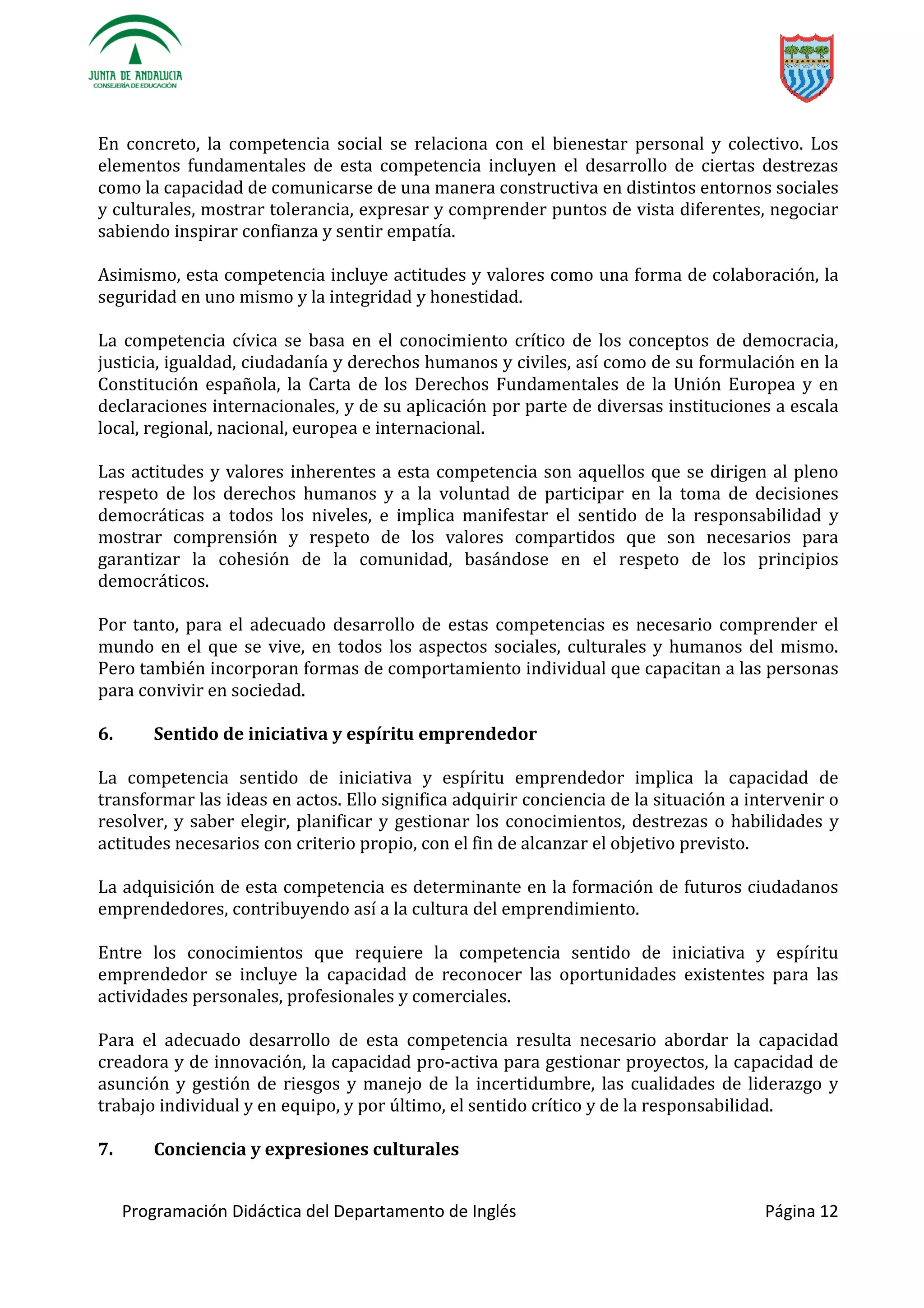 Programación Didáctica del Departamento de Inglés Página 12
En concreto, la competencia social se relaciona con el bienestar personal y colectivo. Los
elementos fundamentales de esta competencia incluyen el desarrollo de ciertas destrezas
como la capacidad de comunicarse de una manera constructiva en distintos entornos sociales
y culturales, mostrar tolerancia, expresar y comprender puntos de vista diferentes, negociar
sabiendo inspirar confianza y sentir empatía.
Asimismo, esta competencia incluye actitudes y valores como una forma de colaboración, la
seguridad en uno mismo y la integridad y honestidad.
La competencia cívica se basa en el conocimiento crítico de los conceptos de democracia,
justicia, igualdad, ciudadanía y derechos humanos y civiles, así como de su formulación en la
Constitución española, la Carta de los Derechos Fundamentales de la Unión Europea y en
declaraciones internacionales, y de su aplicación por parte de diversas instituciones a escala
local, regional, nacional, europea e internacional.
Las actitudes y valores inherentes a esta competencia son aquellos que se dirigen al pleno
respeto de los derechos humanos y a la voluntad de participar en la toma de decisiones
democráticas a todos los niveles, e implica manifestar el sentido de la responsabilidad y
mostrar comprensión y respeto de los valores compartidos que son necesarios para
garantizar la cohesión de la comunidad, basándose en el respeto de los principios
democráticos.
Por tanto, para el adecuado desarrollo de estas competencias es necesario comprender el
mundo en el que se vive, en todos los aspectos sociales, culturales y humanos del mismo.
Pero también incorporan formas de comportamiento individual que capacitan a las personas
para convivir en sociedad.
6. Sentido de iniciativa y espíritu emprendedor
La competencia sentido de iniciativa y espíritu emprendedor implica la capacidad de
transformar las ideas en actos. Ello significa adquirir conciencia de la situación a intervenir o
resolver, y saber elegir, planificar y gestionar los conocimientos, destrezas o habilidades y
actitudes necesarios con criterio propio, con el fin de alcanzar el objetivo previsto.
La adquisición de esta competencia es determinante en la formación de futuros ciudadanos
emprendedores, contribuyendo así a la cultura del emprendimiento.
Entre los conocimientos que requiere la competencia sentido de iniciativa y espíritu
emprendedor se incluye la capacidad de reconocer las oportunidades existentes para las
actividades personales, profesionales y comerciales.
Para el adecuado desarrollo de esta competencia resulta necesario abordar la capacidad
creadora y de innovación, la capacidad pro-activa para gestionar proyectos, la capacidad de
asunción y gestión de riesgos y manejo de la incertidumbre, las cualidades de liderazgo y
trabajo individual y en equipo, y por último, el sentido crítico y de la responsabilidad.
7. Conciencia y expresiones culturales
 