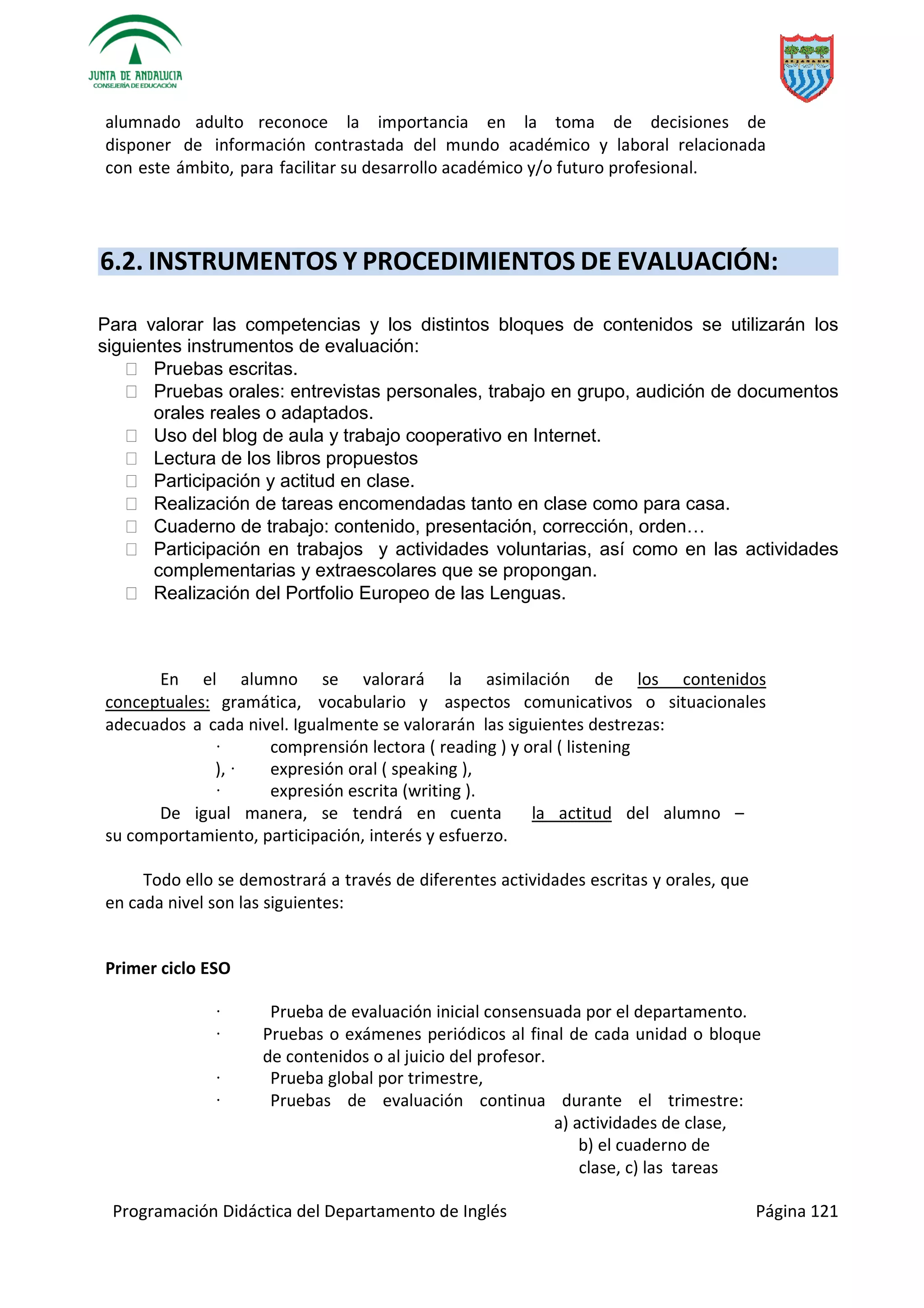 Programación Didáctica del Departamento de Inglés Página 121
alumnado adulto reconoce la importancia en la toma de decisiones de
disponer de información contrastada del mundo académico y laboral relacionada
con este ámbito, para facilitar su desarrollo académico y/o futuro profesional.
6.2. INSTRUMENTOS Y PROCEDIMIENTOS DE EVALUACIÓN:
Para valorar las competencias y los distintos bloques de contenidos se utilizarán los
siguientes instrumentos de evaluación:
 Pruebas escritas.
 Pruebas orales: entrevistas personales, trabajo en grupo, audición de documentos
orales reales o adaptados.
 Uso del blog de aula y trabajo cooperativo en Internet.
 Lectura de los libros propuestos
 Participación y actitud en clase.
 Realización de tareas encomendadas tanto en clase como para casa.
 Cuaderno de trabajo: contenido, presentación, corrección, orden…
 Participación en trabajos y actividades voluntarias, así como en las actividades
complementarias y extraescolares que se propongan.
 Realización del Portfolio Europeo de las Lenguas.
En el alumno se valorará la asimilación de los contenidos
conceptuales: gramática, vocabulario y aspectos comunicativos o situacionales
adecuados a cada nivel. Igualmente se valorarán las siguientes destrezas:
· comprensión lectora ( reading ) y oral ( listening
), · expresión oral ( speaking ),
· expresión escrita (writing ).
De igual manera, se tendrá en cuenta la actitud del alumno –
su comportamiento, participación, interés y esfuerzo.
Todo ello se demostrará a través de diferentes actividades escritas y orales, que
en cada nivel son las siguientes:
Primer ciclo ESO
· Prueba de evaluación inicial consensuada por el departamento.
· Pruebas o exámenes periódicos al final de cada unidad o bloque
de contenidos o al juicio del profesor.
· Prueba global por trimestre,
· Pruebas de evaluación continua durante el trimestre:
a) actividades de clase,
b) el cuaderno de
clase, c) las tareas
 