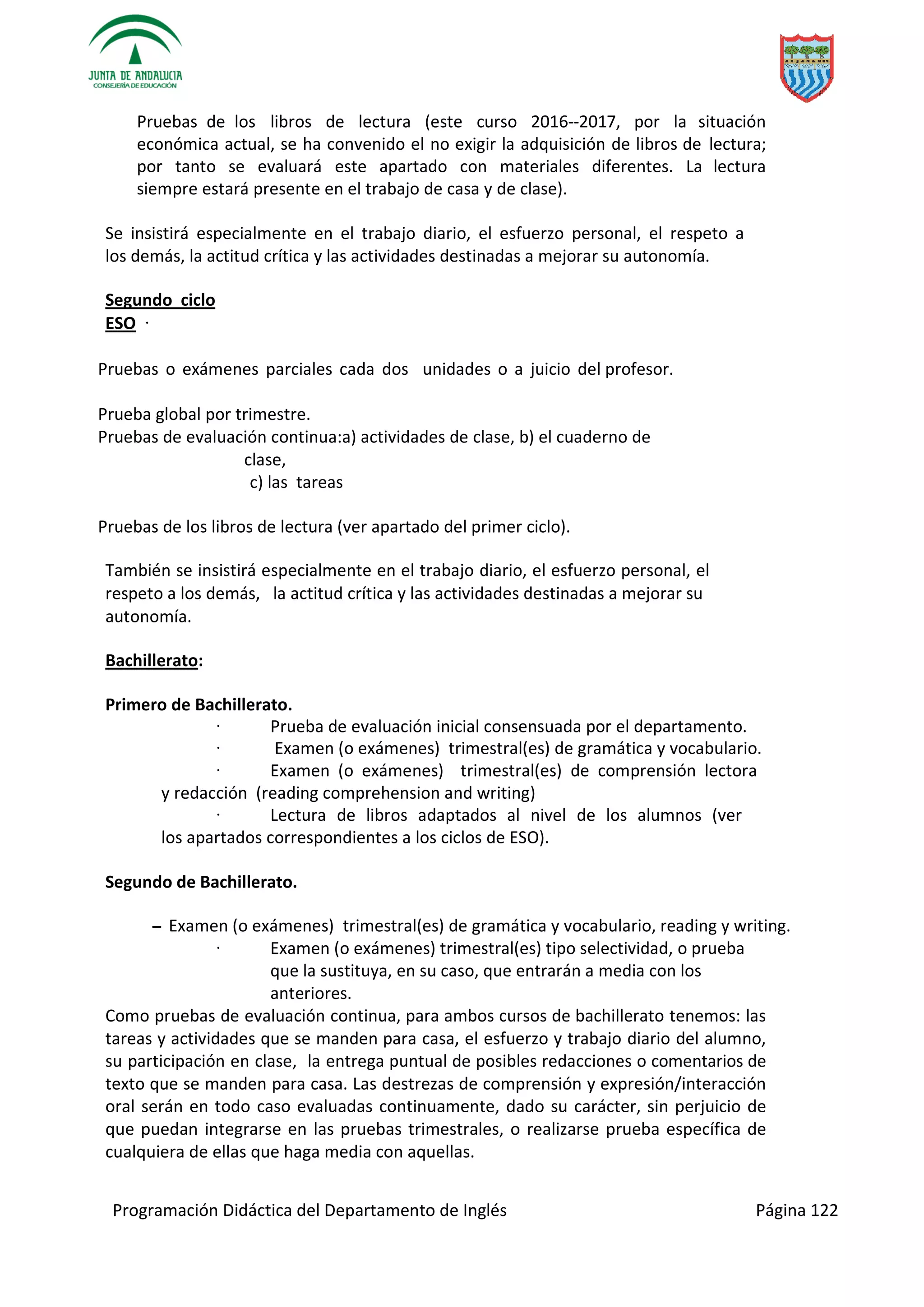Programación Didáctica del Departamento de Inglés Página 122
Pruebas de los libros de lectura (este curso 2016­­2017, por la situación
económica actual, se ha convenido el no exigir la adquisición de libros de lectura;
por tanto se evaluará este apartado con materiales diferentes. La lectura
siempre estará presente en el trabajo de casa y de clase).
Se insistirá especialmente en el trabajo diario, el esfuerzo personal, el respeto a
los demás, la actitud crítica y las actividades destinadas a mejorar su autonomía.
Segundo ciclo
ESO ·
Pruebas o exámenes parciales cada dos unidades o a juicio del profesor.
Prueba global por trimestre.
Pruebas de evaluación continua:a) actividades de clase, b) el cuaderno de
clase,
c) las tareas
Pruebas de los libros de lectura (ver apartado del primer ciclo).
También se insistirá especialmente en el trabajo diario, el esfuerzo personal, el
respeto a los demás, la actitud crítica y las actividades destinadas a mejorar su
autonomía.
Bachillerato:
Primero de Bachillerato.
· Prueba de evaluación inicial consensuada por el departamento.
· Examen (o exámenes) trimestral(es) de gramática y vocabulario.
· Examen (o exámenes) trimestral(es) de comprensión lectora
y redacción (reading comprehension and writing)
· Lectura de libros adaptados al nivel de los alumnos (ver
los apartados correspondientes a los ciclos de ESO).
Segundo de Bachillerato.
­­ Examen (o exámenes) trimestral(es) de gramática y vocabulario, reading y writing.
· Examen (o exámenes) trimestral(es) tipo selectividad, o prueba
que la sustituya, en su caso, que entrarán a media con los
anteriores.
Como pruebas de evaluación continua, para ambos cursos de bachillerato tenemos: las
tareas y actividades que se manden para casa, el esfuerzo y trabajo diario del alumno,
su participación en clase, la entrega puntual de posibles redacciones o comentarios de
texto que se manden para casa. Las destrezas de comprensión y expresión/interacción
oral serán en todo caso evaluadas continuamente, dado su carácter, sin perjuicio de
que puedan integrarse en las pruebas trimestrales, o realizarse prueba específica de
cualquiera de ellas que haga media con aquellas.
 