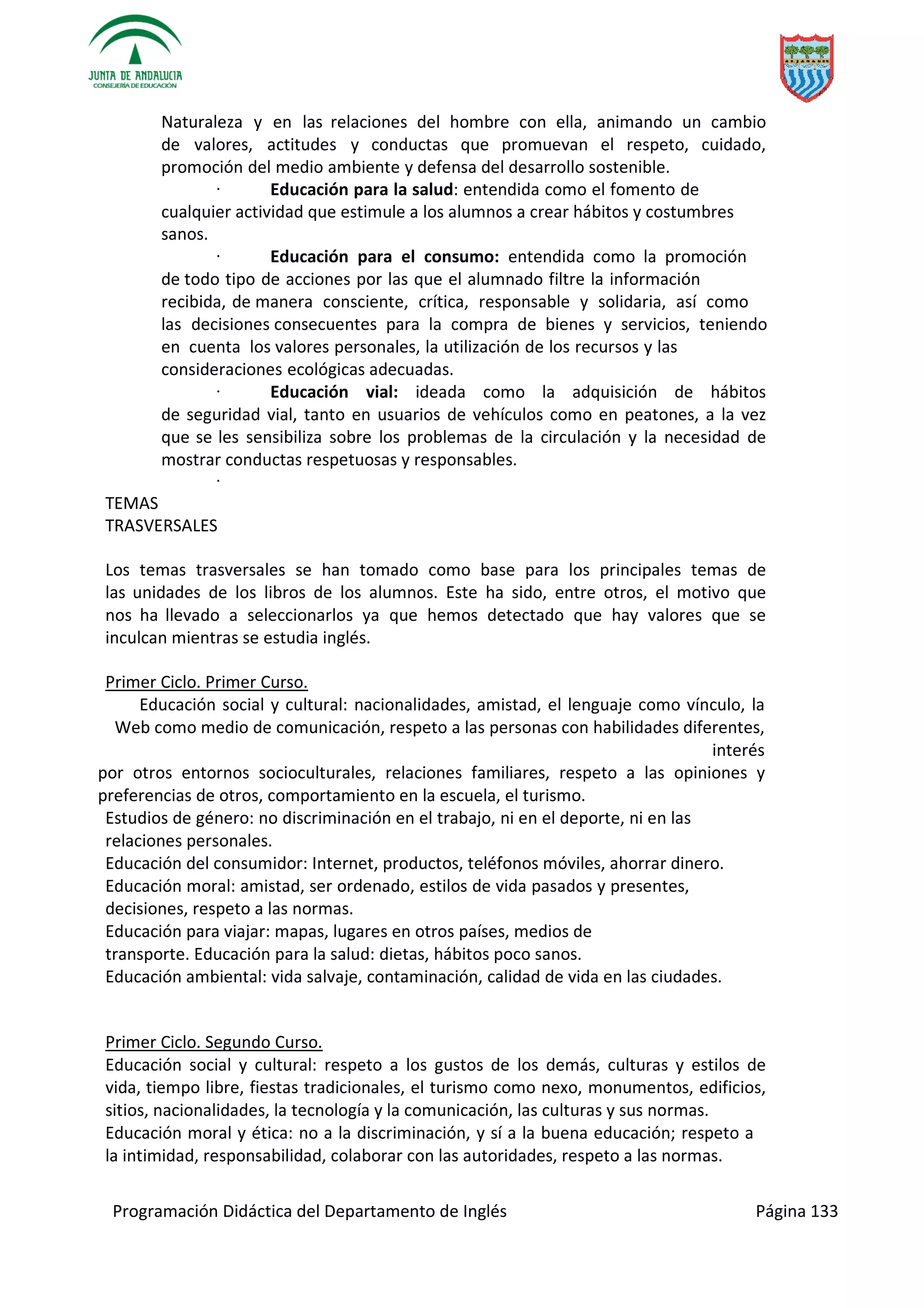 Programación Didáctica del Departamento de Inglés Página 133
Naturaleza y en las relaciones del hombre con ella, animando un cambio
de valores, actitudes y conductas que promuevan el respeto, cuidado,
promoción del medio ambiente y defensa del desarrollo sostenible.
· Educación para la salud: entendida como el fomento de
cualquier actividad que estimule a los alumnos a crear hábitos y costumbres
sanos.
· Educación para el consumo: entendida como la promoción
de todo tipo de acciones por las que el alumnado filtre la información
recibida, de manera consciente, crítica, responsable y solidaria, así como
las decisiones consecuentes para la compra de bienes y servicios, teniendo
en cuenta los valores personales, la utilización de los recursos y las
consideraciones ecológicas adecuadas.
· Educación vial: ideada como la adquisición de hábitos
de seguridad vial, tanto en usuarios de vehículos como en peatones, a la vez
que se les sensibiliza sobre los problemas de la circulación y la necesidad de
mostrar conductas respetuosas y responsables.
·
TEMAS
TRASVERSALES
Los temas trasversales se han tomado como base para los principales temas de
las unidades de los libros de los alumnos. Este ha sido, entre otros, el motivo que
nos ha llevado a seleccionarlos ya que hemos detectado que hay valores que se
inculcan mientras se estudia inglés.
Primer Ciclo. Primer Curso.
Educación social y cultural: nacionalidades, amistad, el lenguaje como vínculo, la
Web como medio de comunicación, respeto a las personas con habilidades diferentes,
interés
por otros entornos socioculturales, relaciones familiares, respeto a las opiniones y
preferencias de otros, comportamiento en la escuela, el turismo.
Estudios de género: no discriminación en el trabajo, ni en el deporte, ni en las
relaciones personales.
Educación del consumidor: Internet, productos, teléfonos móviles, ahorrar dinero.
Educación moral: amistad, ser ordenado, estilos de vida pasados y presentes,
decisiones, respeto a las normas.
Educación para viajar: mapas, lugares en otros países, medios de
transporte. Educación para la salud: dietas, hábitos poco sanos.
Educación ambiental: vida salvaje, contaminación, calidad de vida en las ciudades.
Primer Ciclo. Segundo Curso.
Educación social y cultural: respeto a los gustos de los demás, culturas y estilos de
vida, tiempo libre, fiestas tradicionales, el turismo como nexo, monumentos, edificios,
sitios, nacionalidades, la tecnología y la comunicación, las culturas y sus normas.
Educación moral y ética: no a la discriminación, y sí a la buena educación; respeto a
la intimidad, responsabilidad, colaborar con las autoridades, respeto a las normas.
 