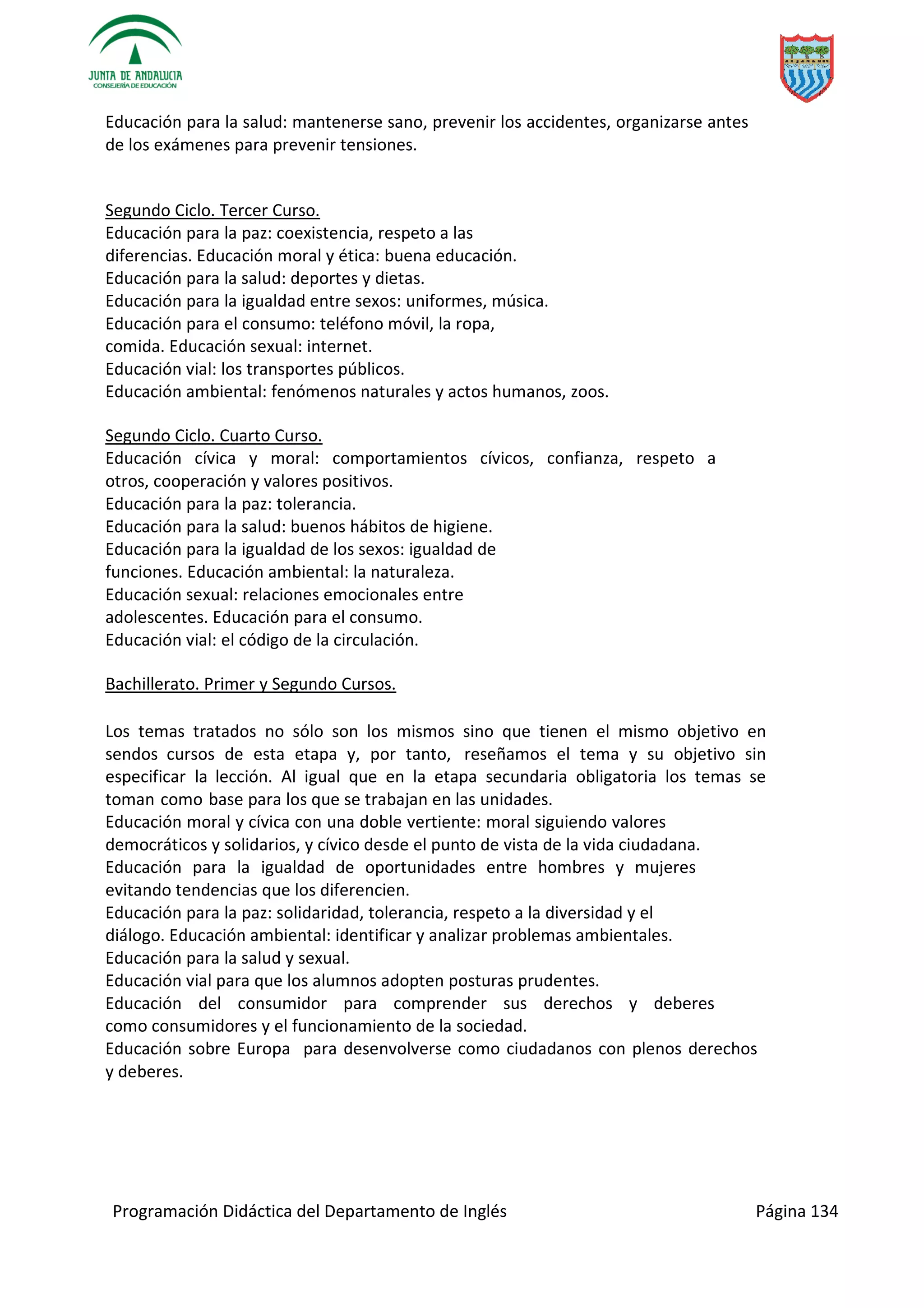 Programación Didáctica del Departamento de Inglés Página 134
Educación para la salud: mantenerse sano, prevenir los accidentes, organizarse antes
de los exámenes para prevenir tensiones.
Segundo Ciclo. Tercer Curso.
Educación para la paz: coexistencia, respeto a las
diferencias. Educación moral y ética: buena educación.
Educación para la salud: deportes y dietas.
Educación para la igualdad entre sexos: uniformes, música.
Educación para el consumo: teléfono móvil, la ropa,
comida. Educación sexual: internet.
Educación vial: los transportes públicos.
Educación ambiental: fenómenos naturales y actos humanos, zoos.
Segundo Ciclo. Cuarto Curso.
Educación cívica y moral: comportamientos cívicos, confianza, respeto a
otros, cooperación y valores positivos.
Educación para la paz: tolerancia.
Educación para la salud: buenos hábitos de higiene.
Educación para la igualdad de los sexos: igualdad de
funciones. Educación ambiental: la naturaleza.
Educación sexual: relaciones emocionales entre
adolescentes. Educación para el consumo.
Educación vial: el código de la circulación.
Bachillerato. Primer y Segundo Cursos.
Los temas tratados no sólo son los mismos sino que tienen el mismo objetivo en
sendos cursos de esta etapa y, por tanto, reseñamos el tema y su objetivo sin
especificar la lección. Al igual que en la etapa secundaria obligatoria los temas se
toman como base para los que se trabajan en las unidades.
Educación moral y cívica con una doble vertiente: moral siguiendo valores
democráticos y solidarios, y cívico desde el punto de vista de la vida ciudadana.
Educación para la igualdad de oportunidades entre hombres y mujeres
evitando tendencias que los diferencien.
Educación para la paz: solidaridad, tolerancia, respeto a la diversidad y el
diálogo. Educación ambiental: identificar y analizar problemas ambientales.
Educación para la salud y sexual.
Educación vial para que los alumnos adopten posturas prudentes.
Educación del consumidor para comprender sus derechos y deberes
como consumidores y el funcionamiento de la sociedad.
Educación sobre Europa para desenvolverse como ciudadanos con plenos derechos
y deberes.
 