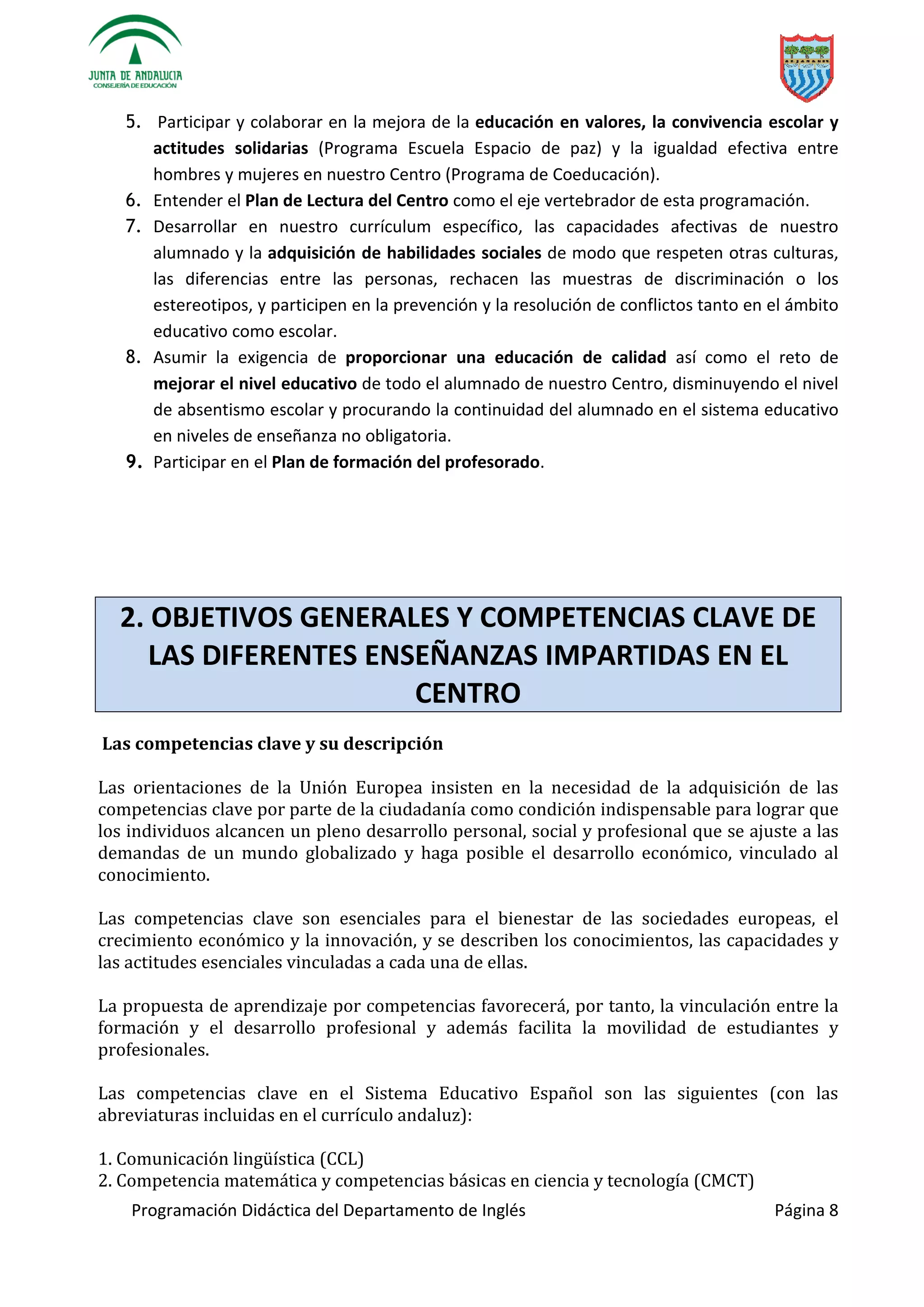 Programación Didáctica del Departamento de Inglés Página 8
5. Participar y colaborar en la mejora de la educación en valores, la convivencia escolar y
actitudes solidarias (Programa Escuela Espacio de paz) y la igualdad efectiva entre
hombres y mujeres en nuestro Centro (Programa de Coeducación).
6. Entender el Plan de Lectura del Centro como el eje vertebrador de esta programación.
7. Desarrollar en nuestro currículum específico, las capacidades afectivas de nuestro
alumnado y la adquisición de habilidades sociales de modo que respeten otras culturas,
las diferencias entre las personas, rechacen las muestras de discriminación o los
estereotipos, y participen en la prevención y la resolución de conflictos tanto en el ámbito
educativo como escolar.
8. Asumir la exigencia de proporcionar una educación de calidad así como el reto de
mejorar el nivel educativo de todo el alumnado de nuestro Centro, disminuyendo el nivel
de absentismo escolar y procurando la continuidad del alumnado en el sistema educativo
en niveles de enseñanza no obligatoria.
9. Participar en el Plan de formación del profesorado.
2. OBJETIVOS GENERALES Y COMPETENCIAS CLAVE DE
LAS DIFERENTES ENSEÑANZAS IMPARTIDAS EN EL
CENTRO
Las competencias clave y su descripción
Las orientaciones de la Unión Europea insisten en la necesidad de la adquisición de las
competencias clave por parte de la ciudadanía como condición indispensable para lograr que
los individuos alcancen un pleno desarrollo personal, social y profesional que se ajuste a las
demandas de un mundo globalizado y haga posible el desarrollo económico, vinculado al
conocimiento.
Las competencias clave son esenciales para el bienestar de las sociedades europeas, el
crecimiento económico y la innovación, y se describen los conocimientos, las capacidades y
las actitudes esenciales vinculadas a cada una de ellas.
La propuesta de aprendizaje por competencias favorecerá, por tanto, la vinculación entre la
formación y el desarrollo profesional y además facilita la movilidad de estudiantes y
profesionales.
Las competencias clave en el Sistema Educativo Español son las siguientes (con las
abreviaturas incluidas en el currículo andaluz):
1. Comunicación lingüística (CCL)
2. Competencia matemática y competencias básicas en ciencia y tecnología (CMCT)
 
