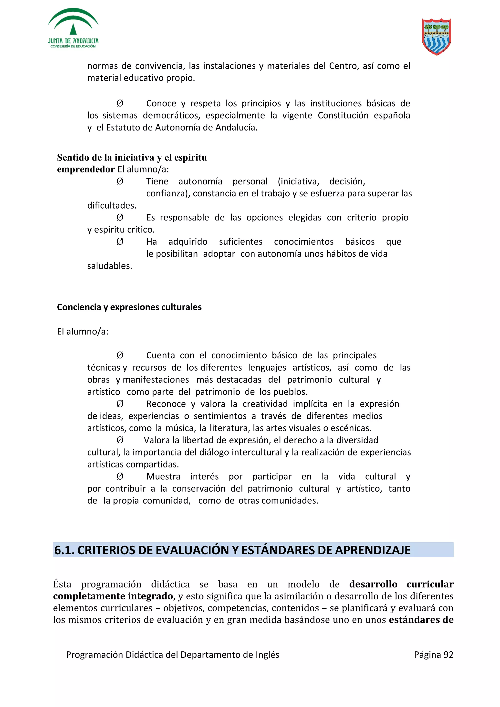Programación Didáctica del Departamento de Inglés Página 92
normas de convivencia, las instalaciones y materiales del Centro, así como el
material educativo propio.
Ø Conoce y respeta los principios y las instituciones básicas de
los sistemas democráticos, especialmente la vigente Constitución española
y el Estatuto de Autonomía de Andalucía.
Sentido de la iniciativa y el espíritu
emprendedor El alumno/a:
Ø Tiene autonomía personal (iniciativa, decisión,
confianza), constancia en el trabajo y se esfuerza para superar las
dificultades.
Ø Es responsable de las opciones elegidas con criterio propio
y espíritu crítico.
Ø Ha adquirido suficientes conocimientos básicos que
le posibilitan adoptar con autonomía unos hábitos de vida
saludables.
Conciencia y expresiones culturales
El alumno/a:
Ø Cuenta con el conocimiento básico de las principales
técnicas y recursos de los diferentes lenguajes artísticos, así como de las
obras y manifestaciones más destacadas del patrimonio cultural y
artístico como parte del patrimonio de los pueblos.
Ø Reconoce y valora la creatividad implícita en la expresión
de ideas, experiencias o sentimientos a través de diferentes medios
artísticos, como la música, la literatura, las artes visuales o escénicas.
Ø Valora la libertad de expresión, el derecho a la diversidad
cultural, la importancia del diálogo intercultural y la realización de experiencias
artísticas compartidas.
Ø Muestra interés por participar en la vida cultural y
por contribuir a la conservación del patrimonio cultural y artístico, tanto
de la propia comunidad, como de otras comunidades.
6.1. CRITERIOS DE EVALUACIÓN Y ESTÁNDARES DE APRENDIZAJE
Ésta programación didáctica se basa en un modelo de desarrollo curricular
completamente integrado, y esto significa que la asimilación o desarrollo de los diferentes
elementos curriculares – objetivos, competencias, contenidos – se planificará y evaluará con
los mismos criterios de evaluación y en gran medida basándose uno en unos estándares de
 