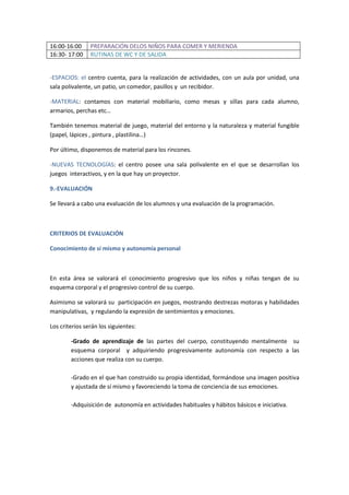 16:00-16:00 PREPARACIÓN DELOS NIÑOS PARA COMER Y MERIENDA 
16:30- 17:00 RUTINAS DE WC Y DE SALIDA 
-ESPACIOS: el centro cuenta, para la realización de actividades, con un aula por unidad, una 
sala polivalente, un patio, un comedor, pasillos y un recibidor. 
-MATERIAL: contamos con material mobiliario, como mesas y sillas para cada alumno, 
armarios, perchas etc… 
También tenemos material de juego, material del entorno y la naturaleza y material fungible 
(papel, lápices , pintura , plastilina…) 
Por último, disponemos de material para los rincones. 
-NUEVAS TECNOLOGÍAS: el centro posee una sala polivalente en el que se desarrollan los 
juegos interactivos, y en la que hay un proyector. 
9.-EVALUACIÓN 
Se llevará a cabo una evaluación de los alumnos y una evaluación de la programación. 
CRITERIOS DE EVALUACIÓN 
Conocimiento de sí mismo y autonomía personal 
En esta área se valorará el conocimiento progresivo que los niños y niñas tengan de su 
esquema corporal y el progresivo control de su cuerpo. 
Asimismo se valorará su participación en juegos, mostrando destrezas motoras y habilidades 
manipulativas, y regulando la expresión de sentimientos y emociones. 
Los criterios serán los siguientes: 
-Grado de aprendizaje de las partes del cuerpo, constituyendo mentalmente su 
esquema corporal y adquiriendo progresivamente autonomía con respecto a las 
acciones que realiza con su cuerpo. 
-Grado en el que han construido su propia identidad, formándose una imagen positiva 
y ajustada de sí mismo y favoreciendo la toma de conciencia de sus emociones. 
-Adquisición de autonomía en actividades habituales y hábitos básicos e iniciativa. 
 