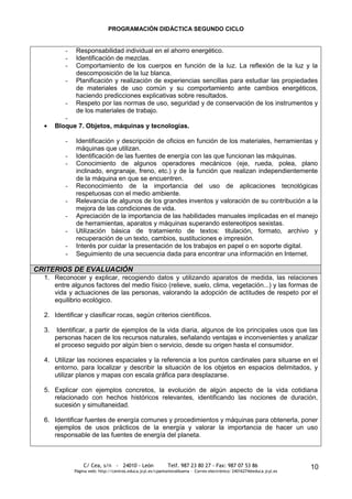 PROGRAMACIÓN DIDÁCTICA SEGUNDO CICLO


          -   Responsabilidad individual en el ahorro energético.
          -   Identificación de mezclas.
          -   Comportamiento de los cuerpos en función de la luz. La reflexión de la luz y la
              descomposición de la luz blanca.
          -   Planificación y realización de experiencias sencillas para estudiar las propiedades
              de materiales de uso común y su comportamiento ante cambios energéticos,
              haciendo predicciones explicativas sobre resultados.
          -   Respeto por las normas de uso, seguridad y de conservación de los instrumentos y
              de los materiales de trabajo.
          -
       Bloque 7. Objetos, máquinas y tecnologías.

          -   Identificación y descripción de oficios en función de los materiales, herramientas y
              máquinas que utilizan.
          -   Identificación de las fuentes de energía con las que funcionan las máquinas.
          -   Conocimiento de algunos operadores mecánicos (eje, rueda, polea, plano
              inclinado, engranaje, freno, etc.) y de la función que realizan independientemente
              de la máquina en que se encuentren.
          -   Reconocimiento de la importancia del uso de aplicaciones tecnológicas
              respetuosas con el medio ambiente.
          -   Relevancia de algunos de los grandes inventos y valoración de su contribución a la
              mejora de las condiciones de vida.
          -   Apreciación de la importancia de las habilidades manuales implicadas en el manejo
              de herramientas, aparatos y máquinas superando estereotipos sexistas.
          -   Utilización básica de tratamiento de textos: titulación, formato, archivo y
              recuperación de un texto, cambios, sustituciones e impresión.
          -   Interés por cuidar la presentación de los trabajos en papel o en soporte digital.
          -   Seguimiento de una secuencia dada para encontrar una información en Internet.

CRITERIOS DE EVALUACIÓN
  1. Reconocer y explicar, recogiendo datos y utilizando aparatos de medida, las relaciones
     entre algunos factores del medio físico (relieve, suelo, clima, vegetación...) y las formas de
     vida y actuaciones de las personas, valorando la adopción de actitudes de respeto por el
     equilibrio ecológico.

  2. Identificar y clasificar rocas, según criterios científicos.

  3.   Identificar, a partir de ejemplos de la vida diaria, algunos de los principales usos que las
       personas hacen de los recursos naturales, señalando ventajas e inconvenientes y analizar
       el proceso seguido por algún bien o servicio, desde su origen hasta el consumidor.

  4. Utilizar las nociones espaciales y la referencia a los puntos cardinales para situarse en el
     entorno, para localizar y describir la situación de los objetos en espacios delimitados, y
     utilizar planos y mapas con escala gráfica para desplazarse.

  5. Explicar con ejemplos concretos, la evolución de algún aspecto de la vida cotidiana
     relacionado con hechos históricos relevantes, identificando las nociones de duración,
     sucesión y simultaneidad.

  6. Identificar fuentes de energía comunes y procedimientos y máquinas para obtenerla, poner
     ejemplos de usos prácticos de la energía y valorar la importancia de hacer un uso
     responsable de las fuentes de energía del planeta.



                  C/ Cea, s/n - 24010 - León                 Telf. 987 23 80 27 - Fax: 987 07 53 86                     10
              Página web: http://centros.educa.jcyl.es/cpantoniovalbuena - Correo electrónico: 24016274@educa.jcyl.es
 