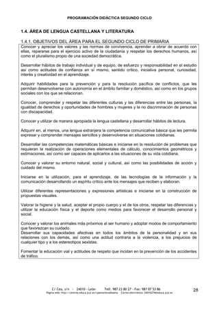 PROGRAMACIÓN DIDÁCTICA SEGUNDO CICLO


1.4. ÁREA DE LENGUA CASTELLANA Y LITERATURA

1.4.1. OBJETIVOS DEL ÁREA PARA EL SEGUNDO CICLO DE PRIMARIA
Conocer y apreciar los valores y las normas de convivencia, aprender a obrar de acuerdo con
ellas, repararse para el ejercicio activo de la ciudadanía y respetar los derechos humanos, así
como el pluralismo propio de una sociedad democrática.

Desarrollar hábitos de trabajo individual y de equipo, de esfuerzo y responsabilidad en el estudio
así como actitudes de confianza en sí mismo, sentido crítico, iniciativa personal, curiosidad,
interés y creatividad en el aprendizaje.

Adquirir habilidades para la prevención y para la resolución pacífica de conflictos, que les
permitan desenvolverse con autonomía en el ámbito familiar y doméstico, así como en los grupos
sociales con los que se relacionan.

Conocer, comprender y respetar las diferentes culturas y las diferencias entre las personas, la
igualdad de derechos y oportunidades de hombres y mujeres y la no discriminación de personas
con discapacidad.

Conocer y utilizar de manera apropiada la lengua castellana y desarrollar hábitos de lectura.

Adquirir en, al menos, una lengua extranjera la competencia comunicativa básica que les permita
expresar y comprender mensajes sencillos y desenvolverse en situaciones cotidianas.

Desarrollar las competencias matemáticas básicas e iniciarse en la resolución de problemas que
requieran la realización de operaciones elementales de cálculo, conocimientos geométricos y
estimaciones, así como ser capaces de aplicarlos a las situaciones de su vida cotidiana.

Conocer y valorar su entorno natural, social y cultural, así como las posibilidades de acción y
cuidado del mismo.

Iniciarse en la utilización, para el aprendizaje, de las tecnologías de la información y la
comunicación desarrollando un espíritu crítico ante los mensajes que reciben y elaboran.

Utilizar diferentes representaciones y expresiones artísticas e iniciarse en la construcción de
propuestas visuales.

Valorar la higiene y la salud, aceptar el propio cuerpo y el de los otros, respetar las diferencias y
utilizar la educación física y el deporte como medios para favorecer el desarrollo personal y
social.

Conocer y valorar los animales más próximos al ser humano y adoptar modos de comportamiento
que favorezcan su cuidado.
Desarrollar sus capacidades afectivas en todos los ámbitos de la personalidad y en sus
relaciones con los demás, así como una actitud contraria a la violencia, a los prejuicios de
cualquier tipo y a los estereotipos sexistas.

Fomentar la educación vial y actitudes de respeto que incidan en la prevención de los accidentes
de tráfico.




                  C/ Cea, s/n - 24010 - León                 Telf. 987 23 80 27 - Fax: 987 07 53 86                     28
              Página web: http://centros.educa.jcyl.es/cpantoniovalbuena - Correo electrónico: 24016274@educa.jcyl.es
 