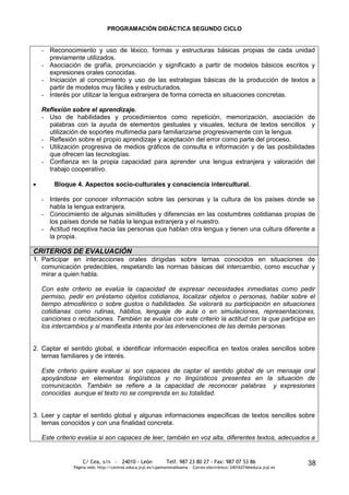 PROGRAMACIÓN DIDÁCTICA SEGUNDO CICLO


  - Reconocimiento y uso de léxico, formas y estructuras básicas propias de cada unidad
    previamente utilizados.
  - Asociación de grafía, pronunciación y significado a partir de modelos básicos escritos y
    expresiones orales conocidas.
  - Iniciación al conocimiento y uso de las estrategias básicas de la producción de textos a
    partir de modelos muy fáciles y estructurados.
  - Interés por utilizar la lengua extranjera de forma correcta en situaciones concretas.

  Reflexión sobre el aprendizaje.
  - Uso de habilidades y procedimientos como repetición, memorización, asociación de
    palabras con la ayuda de elementos gestuales y visuales, lectura de textos sencillos y
    utilización de soportes multimedia para familiarizarse progresivamente con la lengua.
  - Reflexión sobre el propio aprendizaje y aceptación del error como parte del proceso.
  - Utilización progresiva de medios gráficos de consulta e información y de las posibilidades
    que ofrecen las tecnologías.
  - Confianza en la propia capacidad para aprender una lengua extranjera y valoración del
    trabajo cooperativo.

       Bloque 4. Aspectos socio-culturales y consciencia intercultural.

  - Interés por conocer información sobre las personas y la cultura de los países donde se
    habla la lengua extranjera.
  - Conocimiento de algunas similitudes y diferencias en las costumbres cotidianas propias de
    los países donde se habla la lengua extranjera y el nuestro.
  - Actitud receptiva hacia las personas que hablan otra lengua y tienen una cultura diferente a
    la propia.

CRITERIOS DE EVALUACIÓN
1. Participar en interacciones orales dirigidas sobre temas conocidos en situaciones de
   comunicación predecibles, respetando las normas básicas del intercambio, como escuchar y
   mirar a quien habla.

  Con este criterio se evalúa la capacidad de expresar necesidades inmediatas como pedir
  permiso, pedir en préstamo objetos cotidianos, localizar objetos o personas, hablar sobre el
  tiempo atmosférico o sobre gustos o habilidades. Se valorará su participación en situaciones
  cotidianas como rutinas, hábitos, lenguaje de aula o en simulaciones, representaciones,
  canciones o recitaciones. También se evalúa con este criterio la actitud con la que participa en
  los intercambios y si manifiesta interés por las intervenciones de las demás personas.


2. Captar el sentido global, e identificar información específica en textos orales sencillos sobre
   temas familiares y de interés.

  Este criterio quiere evaluar si son capaces de captar el sentido global de un mensaje oral
  apoyándose en elementos lingüísticos y no lingüísticos presentes en la situación de
  comunicación. También se refiere a la capacidad de reconocer palabras y expresiones
  conocidas aunque el texto no se comprenda en su totalidad.


3. Leer y captar el sentido global y algunas informaciones específicas de textos sencillos sobre
   temas conocidos y con una finalidad concreta.

  Este criterio evalúa si son capaces de leer, también en voz alta, diferentes textos, adecuados a


                  C/ Cea, s/n - 24010 - León                 Telf. 987 23 80 27 - Fax: 987 07 53 86                     38
              Página web: http://centros.educa.jcyl.es/cpantoniovalbuena - Correo electrónico: 24016274@educa.jcyl.es
 