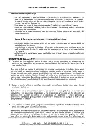 PROGRAMACIÓN DIDÁCTICA SEGUNDO CICLO


  Reflexión sobre el aprendizaje.

   -   Uso de habilidades y procedimientos como repetición, memorización, asociación de
       palabras y expresiones con elementos gestuales y visuales, observación de modelos,
       lectura de textos, utilización de soportes multimedia, para la adquisición de nuevo léxico,
       formas y estructuras de la lengua.
   -   Reflexión sobre el propio aprendizaje y aceptación del error como parte del proceso.
   -   Utilización progresiva de medios gráficos de consulta e información y de las posibilidades
       que ofrecen las tecnologías.
   -   Confianza en la propia capacidad para aprender una lengua extranjera y valoración del
       trabajo cooperativo.


       Bloque 4. Aspectos socio-culturales y consciencia intercultural.

   -   Interés por conocer información sobre las personas y la cultura de los países donde se
        habla la lengua extranjera.
   -   Conocimiento de algunas similitudes y diferencias en las costumbres cotidianas y uso de
        las formas básicas de relación social entre los países donde se habla la lengua extranjera
        y el nuestro.
   -   Actitud receptiva hacia las personas que hablan otra lengua y tienen una cultura diferente
        a la propia.

CRITERIOS DE EVALUACIÓN
1. Participar en interacciones orales dirigidas sobre temas conocidos en situaciones de
   comunicación predecibles, respetando las normas básicas del intercambio, como escuchar y
   mirar a quien habla.

  Con este criterio se evalúa la capacidad de expresar necesidades inmediatas como pedir
  permiso, pedir en préstamo objetos cotidianos, localizar objetos o personas, hablar sobre el
  tiempo atmosférico o sobre gustos o habilidades. Se valorará su participación en situaciones
  cotidianas como rutinas, hábitos, lenguaje de aula o en simulaciones, representaciones,
  canciones o recitaciones. También se evalúa con este criterio la actitud con la que participa en
  los intercambios y si manifiesta interés por las intervenciones de las demás personas.


2. Captar el sentido global, e identificar información específica en textos orales sobre temas
   familiares y de interés.

  Este criterio quiere evaluar si son capaces de captar el sentido global de un mensaje oral
  apoyándose en elementos lingüísticos y no lingüísticos presentes en la situación de
  comunicación. También se refiere a la capacidad de reconocer y extraer palabras y
  expresiones conocidas que aparecen en expresiones más extensas aunque el texto no se
  comprenda en su totalidad.


3. Leer y captar el sentido global y algunas informaciones específicas de textos sencillos sobre
   temas conocidos y con una finalidad concreta.

  Este criterio evalúa si son capaces de leer, también en voz alta, diferentes textos, adecuados a
  su competencia comunicativa como notas, normas de aula, cartas, carteles o cuentos, que
  contengan vocabulario y expresiones conocidas, para extraer información global y específica,
  con ayuda de estrategias fundamentales de comprensión escrita como usar elementos del


                 C/ Cea, s/n - 24010 - León                 Telf. 987 23 80 27 - Fax: 987 07 53 86                     41
             Página web: http://centros.educa.jcyl.es/cpantoniovalbuena - Correo electrónico: 24016274@educa.jcyl.es
 