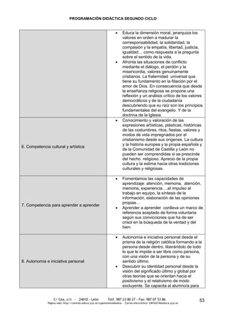 PROGRAMACIÓN DIDÁCTICA SEGUNDO CICLO


                                                                         Educa la dimensión moral, jerarquiza los
                                                                         valores en orden a madurar la
                                                                         corresponsabilidad, la solidaridad, la
                                                                         compasión y la empatía, libertad, justicia,
                                                                         igualdad… como respuesta a la pregunta
                                                                         sobre el sentido de la vida.
                                                                         Afronta las situaciones de conflicto
                                                                         mediante el diálogo, el perdón y la
                                                                         misericordia, valores genuinamente
                                                                         cristianos. La fraternidad universal que
                                                                         tiene su fundamento en la filiación por el
                                                                         amor de Dios. En consecuencia que desde
                                                                         la enseñanza religiosa se propone una
                                                                         reflexión y un análisis crítico de los valores
                                                                         democráticos y de la ciudadanía
                                                                         descubriendo que su raíz son los principios
                                                                         fundamentales del evangelio. Y de la
                                                                         doctrina de la Iglesia.
                                                                         Conocimiento y valoración de las
                                                                         expresiones artísticas, plásticas, históricas
                                                                         de las costumbres, ritos, fiestas, valores y
                                                                         modos de vida impregnados por el
                                                                         cristianismo desde sus orígenes. La cultura
                                                                         y la historia europea y la propia española y
6. Competencia cultural y artística
                                                                         de la Comunidad de Castilla y León no
                                                                         pueden ser comprendidas si se prescinde
                                                                         del hecho religioso. Aprecio de la propia
                                                                         cultura y la estima hacia otras tradiciones
                                                                         culturales y religiosas.

                                                                         Fomentamos las capacidades de
                                                                         aprendizaje: atención, memoria, atención,
                                                                         memoria, experiencia…,el impulso al
                                                                         trabajo en equipo, la síntesis de la
                                                                         información, elaboración de las opiniones
                                                                         propias…
7. Competencia para aprender a aprender
                                                                         Aprender a aprender conlleva un marco de
                                                                         referencia aceptado de forma voluntaria
                                                                         según sus convicciones que ha de ser
                                                                         crisol en la búsqueda de la verdad y del
                                                                         bien.

                                                                         Autonomía e iniciativa personal desde el
                                                                         prisma de la religión católica formando a la
                                                                         persona desde dentro, liberándolo de todo
                                                                         lo que le impide a ser libre como persona,
                                                                         con una visión de la persona y de su
8. Autonomía e iniciativa personal                                       sentido último.
                                                                         Descubrir su identidad personal desde la
                                                                         visión del significado último y global por
                                                                         otras teorías que se orientan hacia el
                                                                         positivismo y el relativismo de modo
                                                                         excluyente. Se capacita al alumno/a para


                  C/ Cea, s/n - 24010 - León                 Telf. 987 23 80 27 - Fax: 987 07 53 86                     53
              Página web: http://centros.educa.jcyl.es/cpantoniovalbuena - Correo electrónico: 24016274@educa.jcyl.es
 