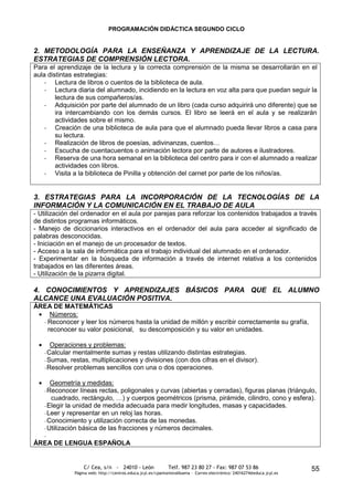 PROGRAMACIÓN DIDÁCTICA SEGUNDO CICLO


2. METODOLOGÍA PARA LA ENSEÑANZA Y APRENDIZAJE DE LA LECTURA.
ESTRATEGIAS DE COMPRENSIÓN LECTORA.
Para el aprendizaje de la lectura y la correcta comprensión de la misma se desarrollarán en el
aula distintas estrategias:
    - Lectura de libros o cuentos de la biblioteca de aula.
    - Lectura diaria del alumnado, incidiendo en la lectura en voz alta para que puedan seguir la
        lectura de sus compañeros/as.
    - Adquisición por parte del alumnado de un libro (cada curso adquirirá uno diferente) que se
        ira intercambiando con los demás cursos. El libro se leerá en el aula y se realizarán
        actividades sobre el mismo.
    - Creación de una biblioteca de aula para que el alumnado pueda llevar libros a casa para
        su lectura.
    - Realización de libros de poesías, adivinanzas, cuentos…
    - Escucha de cuentacuentos o animación lectora por parte de autores e ilustradores.
    - Reserva de una hora semanal en la biblioteca del centro para ir con el alumnado a realizar
        actividades con libros.
    - Visita a la biblioteca de Pinilla y obtención del carnet por parte de los niños/as.


3. ESTRATEGIAS PARA LA INCORPORACIÓN DE LA TECNOLOGÍAS DE LA
INFORMACIÓN Y LA COMUNICACIÓN EN EL TRABAJO DE AULA
- Utilización del ordenador en el aula por parejas para reforzar los contenidos trabajados a través
de distintos programas informáticos.
- Manejo de diccionarios interactivos en el ordenador del aula para acceder al significado de
palabras desconocidas.
- Iniciación en el manejo de un procesador de textos.
- Acceso a la sala de informática para el trabajo individual del alumnado en el ordenador.
- Experimentar en la búsqueda de información a través de internet relativa a los contenidos
trabajados en las diferentes áreas.
- Utilización de la pizarra digital.

4. CONOCIMIENTOS Y APRENDIZAJES BÁSICOS PARA QUE EL ALUMNO
ALCANCE UNA EVALUACIÓN POSITIVA.
ÁREA DE MATEMÁTICAS
     Números:
  - Reconocer y leer los números hasta la unidad de millón y escribir correctamente su grafía,
    reconocer su valor posicional, su descomposición y su valor en unidades.

      Operaciones y problemas:
   - Calcular mentalmente sumas y restas utilizando distintas estrategias.
   - Sumas, restas, multiplicaciones y divisiones (con dos cifras en el divisor).
   - Resolver problemas sencillos con una o dos operaciones.

     Geometría y medidas:
  - Reconocer líneas rectas, poligonales y curvas (abiertas y cerradas), figuras planas (triángulo,
     cuadrado, rectángulo, …) y cuerpos geométricos (prisma, pirámide, cilindro, cono y esfera).
  - Elegir la unidad de medida adecuada para medir longitudes, masas y capacidades.
  - Leer y representar en un reloj las horas.
  - Conocimiento y utilización correcta de las monedas.
  - Utilización básica de las fracciones y números decimales.
  -
ÁREA DE LENGUA ESPAÑOLA


                  C/ Cea, s/n - 24010 - León                 Telf. 987 23 80 27 - Fax: 987 07 53 86                     55
              Página web: http://centros.educa.jcyl.es/cpantoniovalbuena - Correo electrónico: 24016274@educa.jcyl.es
 