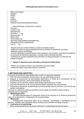 PROGRAMACIÓN DIDÁCTICA SEGUNDO CICLO


   Means of transport
   Subjects
   Places
   Food
   Clothes
   Furniture
   Festivals (Christmas/Halloween/easter)

   - Reconocimiento de estructuras básicas:
   Can/can´t
   Like/don´t like
   He/she/it likes
   He´s/she´s …..ing
   Have you got ….?
   What´s this?
   There´s/there are
   Questions (date/weather/name/age/time)
   Prepositions (in/on/under/behind)
   I go to ….. by…….

   -Reproducción de sonidos fonéticos a partir de modelos básicos.
   -Interés por utilizar la lengua extranjera de forma correcta en situaciones concretas.
   -Reflexión sobre el aprendizaje:
   -Uso de habilidades y procedimientos como repetición, memorización, asociación de palabras
   con la ayuda de elementos gestuales y visuales, lectura de textos sencillos.
   -Confianza en la propia capacidad para aprender una lengua extranjera y valoración del
   trabajo en equipo.

       Bloque 4. Aspectos socio-culturales y consciencia intercultural.

   -Interés por conocer la cultura y las costumbres de otros países.
   -Actitud de respeto hacia otras culturas y personas.


5. METODOLOGÍA DIDÁCTICA
El proceso de enseñanza-aprendizaje debe cumplir los siguientes requisitos:
   Partir del nivel de desarrollo del alumnado y de sus aprendizajes previos.
   Asegurar la construcción de aprendizajes significativos a través de la movilización de sus
   conocimientos previos y de la memorización comprensiva.
   Posibilitar que los alumnos realicen aprendizajes significativos por sí solos.
   Favorecer situaciones en las que los alumnos deben actualizar sus conocimientos.
   Proporcionar situaciones de aprendizaje que tienen sentido para los alumnos, con el fin de que
   resulten motivadoras.
Teniendo en cuenta los anteriores requisitos, los principios que orientan nuestra práctica
educativa son los siguientes:
 Metodología activa.
       Se refiere básicamente a la integración activa de los alumnos en la dinámica general del
aula y en la adquisición y configuración de los aprendizajes.
 Motivación.
       Consideramos fundamental partir de los intereses, necesidades y expectativas de los
alumnos. También será importante arbitrar dinámicas que fomenten el trabajo en grupo.
 Autonomía en el aprendizaje.
   Como consecuencia de los dos puntos anteriores, la metodología favorece la mayor


                  C/ Cea, s/n - 24010 - León                 Telf. 987 23 80 27 - Fax: 987 07 53 86                     57
              Página web: http://centros.educa.jcyl.es/cpantoniovalbuena - Correo electrónico: 24016274@educa.jcyl.es
 