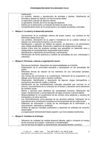 PROGRAMACIÓN DIDÁCTICA SEGUNDO CICLO


       clasificación.
   -   La nutrición, relación y reproducción de animales y plantas. Clasificación de
       animales y plantas en relación con las funciones vitales.
   -   La agricultura. Estudio de algunos cultivos.
   -   La ganadería. Estudio de la cría de algunas especies.
   -   Interés por la observación y el estudio de todos los seres vivos.
   -   Comportamiento activo en la conservación y el cuidado de plantas y animales.
   -
Bloque 3. La salud y el desarrollo personal.

   -   Conocimiento de la morfología externa del propio cuerpo. Los cambios en las
       diferentes etapas de la vida.
   -   Los sentidos, descripción de su papel e importancia de su cuidado habitual. La
       relación con otros seres humanos y con el mundo.
   -   Identificación y adopción de hábitos de higiene, de descanso y de alimentación
       sana. Dietas equilibradas. Prevención y detección de riesgos para la salud.
   -   Actitud crítica ante las prácticas sociales que perjudican un desarrollo sano y
       obstaculizan el comportamiento responsable ante la salud.
   -   Identificación y descripción de emociones y sentimientos.
   -   Planificación de forma autónoma y creativa de actividades de ocio, individuales o
       colectivas.

Bloque 4. Personas, culturas y organización social.

   -   Estructuras familiares. Adquisición de responsabilidades en la familia.
   -   Organización de la comunidad educativa y participación en las actividades del
       centro.
   -   Diferentes formas de relación de los miembros de una comunidad (amistad,
       vecindad, etc.)
   -   Las normas de convivencia y su cumplimiento. Valoración de la cooperación y el
       diálogo como forma de evitar y resolver conflictos.
   -   Observación, identificación y descripción de algunos rasgos demográficos y
       económicos de entornos rurales y urbanos.
   -   Identificación de las manifestaciones culturales populares que conviven en el
       entorno, reconocimiento de su evolución en el tiempo y valoración como elementos
       de cohesión social.
   -   Bienes y servicios para satisfacer las necesidades humanas. Descripción del
       origen, transformación y comercialización de algún producto o servicio básico.
   -   Responsabilidad en el cumplimiento de las normas como peatones y usuarios de
       transportes y de otros servicios.
   -   Las Administraciones como garantes de los servicios públicos. Valoración de la
       importancia de la contribución ciudadana al funcionamiento de las instituciones.
   -   Obtención de información a través de las tecnologías de la información y la
       comunicación, valorando su contenido.
   -   Análisis de algunos mensajes publicitarios y desarrollo de actitudes de consumo
       responsable.
   -   La organización territorial del Estado español. Las Comunidades Autónomas.

Bloque 5. Cambios en el tiempo.

   -   Utilización de unidades de medida temporal (década, siglo) e iniciación al manejo
       de las nociones de sucesión, ordenación y simultaneidad.
   -   Uso de técnicas de registro y representación del pasado familiar y próximo.


           C/ Cea, s/n - 24010 - León                 Telf. 987 23 80 27 - Fax: 987 07 53 86                     7
       Página web: http://centros.educa.jcyl.es/cpantoniovalbuena - Correo electrónico: 24016274@educa.jcyl.es
 