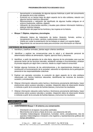 PROGRAMACIÓN DIDÁCTICA SEGUNDO CICLO


          -   Aproximación a sociedades de algunas épocas históricas a partir del conocimiento
              de aspectos de la vida cotidiana.
          -   Evolución en un tiempo largo de algún aspecto de la vida cotidiana; relación con
              algunos hechos históricos relevantes.
          -   Reconocimiento y valoración del significado de algunas huellas antiguas en el
              entorno (tradiciones, edificios, objetos).
          -   Utilización de documentos escritos y visuales para obtener información histórica y
              elaborar distintos trabajos.
          -   Identificación del papel de los hombres y las mujeres en la historia.

       Bloque 7. Objetos, máquinas y tecnologías.

          -   Utilización básica de tratamiento de textos: titulación, formato, archivo y
              recuperación de un texto, cambios, sustituciones e impresión.
          -   Interés por cuidar la presentación de los trabajos en papel o en soporte digital.
          -   Seguimiento de una secuencia dada para encontrar una información en Internet.

CRITERIOS DE EVALUACIÓN
  1. Identificar y clasificar animales, plantas según criterios científicos.

  2.   Identificar y explicar las consecuencias para la salud y el desarrollo personal de
       determinados hábitos de alimentación, higiene, ejercicio físico y descanso.

  3. Identificar, a partir de ejemplos de la vida diaria, algunos de los principales usos que las
     personas hacen de los recursos naturales, señalando ventajas e inconvenientes y analizar
     el proceso seguido por algún bien o servicio, desde su origen hasta el consumidor

  4. Señalar algunas funciones de las administraciones y de organizaciones diversas y su
     contribución al funcionamiento de la sociedad, valorando la importancia de la participación
     personal en las responsabilidades colectivas

  5. Explicar con ejemplos concretos, la evolución de algún aspecto de la vida cotidiana
     relacionado con hechos históricos relevantes, identificando las nociones de duración,
     sucesión y simultaneidad

  6. Obtener información relevante sobre hechos o fenómenos previamente delimitados, hacer
     predicciones sobre sucesos naturales y sociales, integrando datos de observación directa
     e indirecta a partir de la consulta de fuentes básicas y comunicar los resultados

  7. Obtener información relevante sobre hechos o fenómenos previamente delimitados, hacer
     predicciones sobre sucesos naturales y sociales, integrando datos de observación directa
     e indirecta a partir de la consulta de fuentes básicas y comunicar los resultados


CURSO CUARTO
CONTENIDOS
    CONTENIDOS Bloque 1. El entorno y su conservación.

          -   Orientación en el espacio: los puntos cardinales.
          -   Movimientos de la tierra y fases de la luna. Las estaciones del año.
          -   Variables meteorológicas: temperatura, humedad, viento, precipitaciones. Uso de
              aparatos meteorológicos e iniciación a los registros y representaciones gráficas del
              tiempo atmosférico.

                  C/ Cea, s/n - 24010 - León                 Telf. 987 23 80 27 - Fax: 987 07 53 86                     8
              Página web: http://centros.educa.jcyl.es/cpantoniovalbuena - Correo electrónico: 24016274@educa.jcyl.es
 