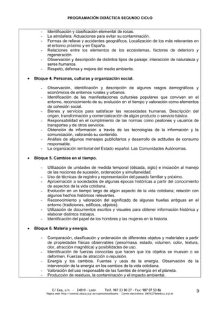PROGRAMACIÓN DIDÁCTICA SEGUNDO CICLO


   -   Identificación y clasificación elemental de rocas.
   -   La atmósfera. Actuaciones para evitar su contaminación.
   -   Formas de relieve y accidentes geográficos. Localización de los más relevantes en
       el entorno próximo y en España.
   -   Relaciones entre los elementos de los ecosistemas, factores de deterioro y
       regeneración
   -   Observación y descripción de distintos tipos de paisaje: interacción de naturaleza y
       seres humanos.
   -   Respeto, defensa y mejora del medio ambiente.

Bloque 4. Personas, culturas y organización social.

   -   Observación, identificación y descripción de algunos rasgos demográficos y
       económicos de entornos rurales y urbanos.
   -   Identificación de las manifestaciones culturales populares que conviven en el
       entorno, reconocimiento de su evolución en el tiempo y valoración como elementos
       de cohesión social.
   -   Bienes y servicios para satisfacer las necesidades humanas. Descripción del
       origen, transformación y comercialización de algún producto o servicio básico.
   -   Responsabilidad en el cumplimiento de las normas como peatones y usuarios de
       transportes y de otros servicios.
   -   Obtención de información a través de las tecnologías de la información y la
       comunicación, valorando su contenido.
   -   Análisis de algunos mensajes publicitarios y desarrollo de actitudes de consumo
       responsable.
   -   La organización territorial del Estado español. Las Comunidades Autónomas.

Bloque 5. Cambios en el tiempo.

   -   Utilización de unidades de medida temporal (década, siglo) e iniciación al manejo
       de las nociones de sucesión, ordenación y simultaneidad.
   -   Uso de técnicas de registro y representación del pasado familiar y próximo.
   -   Aproximación a sociedades de algunas épocas históricas a partir del conocimiento
       de aspectos de la vida cotidiana.
   -   Evolución en un tiempo largo de algún aspecto de la vida cotidiana; relación con
       algunos hechos históricos relevantes.
   -   Reconocimiento y valoración del significado de algunas huellas antiguas en el
       entorno (tradiciones, edificios, objetos).
   -   Utilización de documentos escritos y visuales para obtener información histórica y
       elaborar distintos trabajos.
   -   Identificación del papel de los hombres y las mujeres en la historia.

Bloque 6. Materia y energía.

   -   Comparación, clasificación y ordenación de diferentes objetos y materiales a partir
       de propiedades físicas observables (peso/masa, estado, volumen, color, textura,
       olor, atracción magnética) y posibilidades de uso.
   -   Identificación de fuerzas conocidas que hacen que los objetos se muevan o se
       deformen. Fuerzas de atracción o repulsión.
   -   Energía y los cambios. Fuentes y usos de la energía. Observación de la
       intervención de la energía en los cambios de la vida cotidiana.
   -   Valoración del uso responsable de las fuentes de energía en el planeta.
   -   Producción de residuos, la contaminación y el impacto ambiental.


           C/ Cea, s/n - 24010 - León                 Telf. 987 23 80 27 - Fax: 987 07 53 86                     9
       Página web: http://centros.educa.jcyl.es/cpantoniovalbuena - Correo electrónico: 24016274@educa.jcyl.es
 