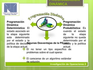 PROGRAMACIÓN
DINÁMICA
Investigación de Operaciones II
Programación
Dinámica
Determinística: El
estado asociado en
la etapa siguiente
esta determinado
por el estado y la
política de decisión
de la etapa actual.
Programación
Dinámica
Probabilística: Es
cuando el estado
de la etapa
siguiente no queda
determinado por el
estado y la política
actual.
Algunas Desventajas de la PD son:
El no tener un tipo específico de
problemas sobre el cual operar.
El carecerse de un algoritmo estándar
de solución.
 