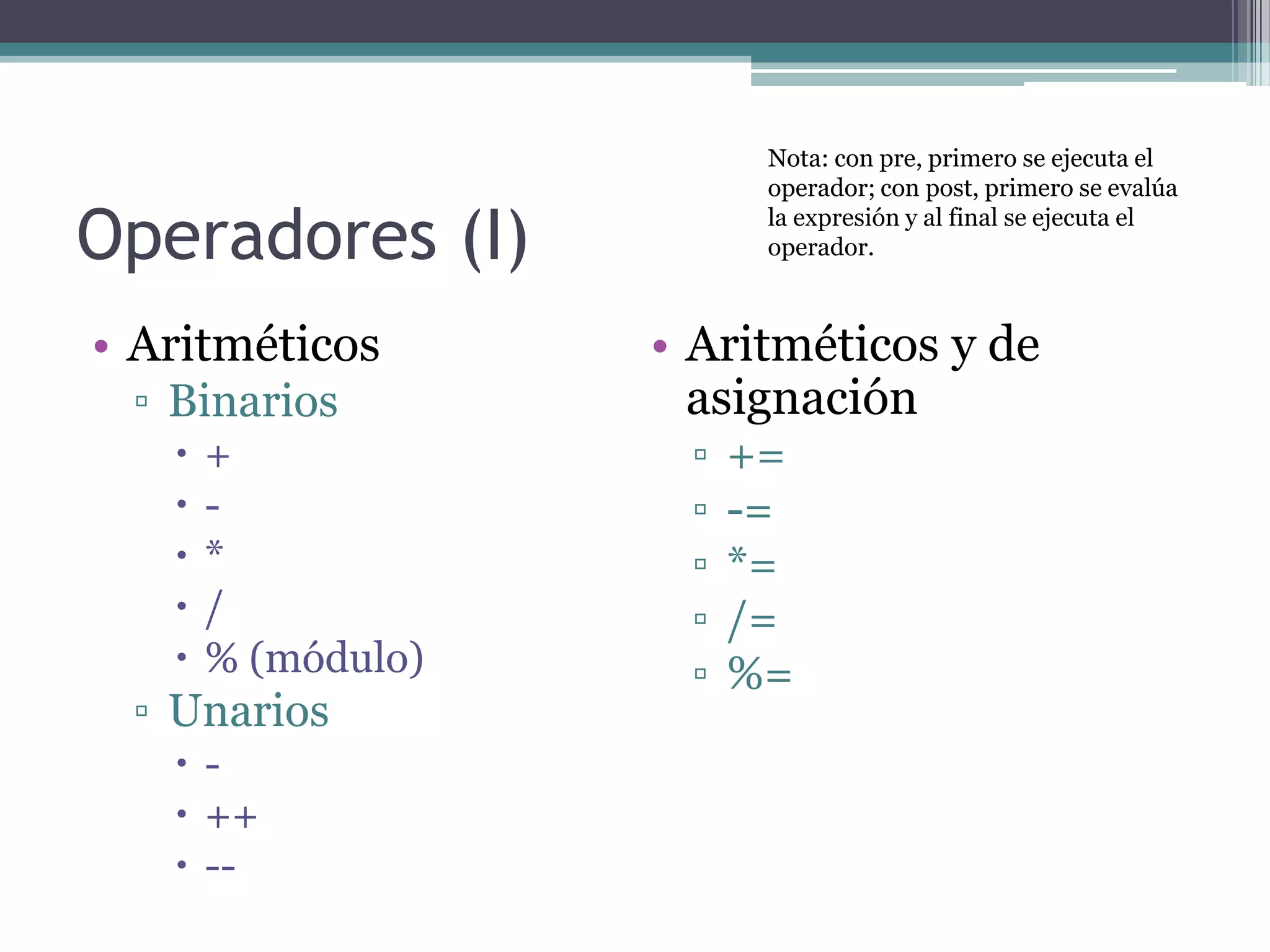 Operadores (I)AritméticosBinarios+-*/% (módulo)Unarios-++--Aritméticos y de asignación+=-=*=/=%=Nota: con pre, primero se ejecuta el operador; con post, primero se evalúa la expresión y al final se ejecuta el operador.