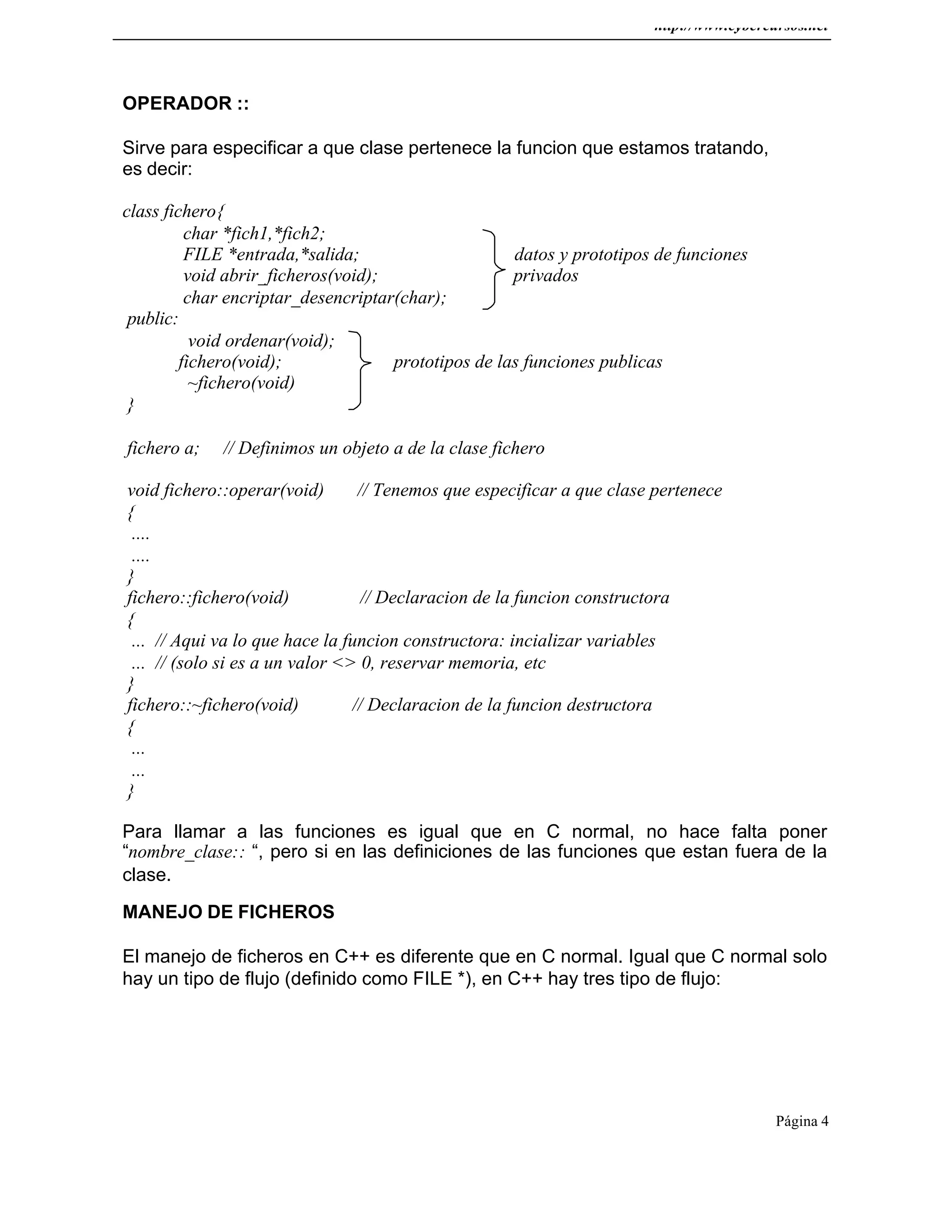 http://www.cybercursos.net
Página 4
OPERADOR ::
Sirve para especificar a que clase pertenece la funcion que estamos tratando,
es decir:
class fichero{
char *fich1,*fich2;
FILE *entrada,*salida; datos y prototipos de funciones
void abrir_ficheros(void); privados
char encriptar_desencriptar(char);
public:
void ordenar(void);
fichero(void); prototipos de las funciones publicas
~fichero(void)
}
fichero a; // Definimos un objeto a de la clase fichero
void fichero::operar(void) // Tenemos que especificar a que clase pertenece
{
....
....
}
fichero::fichero(void) // Declaracion de la funcion constructora
{
... // Aqui va lo que hace la funcion constructora: incializar variables
... // (solo si es a un valor <> 0, reservar memoria, etc
}
fichero::~fichero(void) // Declaracion de la funcion destructora
{
...
...
}
Para llamar a las funciones es igual que en C normal, no hace falta poner
“nombre_clase:: “, pero si en las definiciones de las funciones que estan fuera de la
clase.
MANEJO DE FICHEROS
El manejo de ficheros en C++ es diferente que en C normal. Igual que C normal solo
hay un tipo de flujo (definido como FILE *), en C++ hay tres tipo de flujo:
 