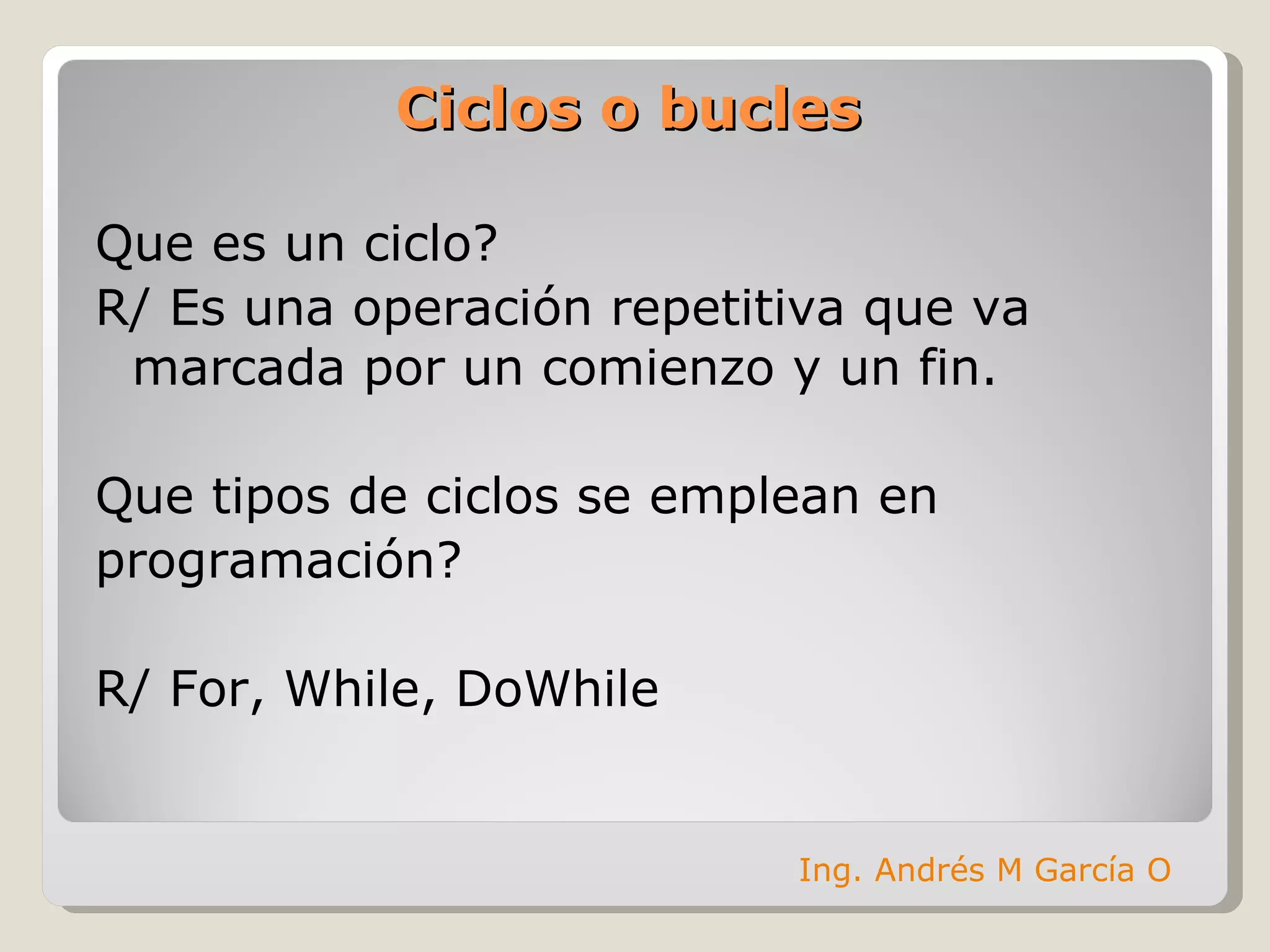 Ciclos o bucles Que es un ciclo? R/ Es una operación repetitiva que va marcada por un comienzo y un fin. Que tipos de ciclos se emplean en  programación? R/ For, While, DoWhile  Ing. Andrés M García O 