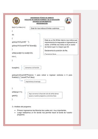 UNIVERSIDAD TÉCNICA DE AMBATO
FACULTAD DE CIENCIAS HUMNAS Y DE LA EDUCACIÓN
DOCENCIA EN INFORMÁTICA
PROGRAMACIÓN

for(i=1;i<=lim;i++)

Este for nos indica el límite e abrimos
llave.

{
do
{
gotoxy(18,f);printf(" ");

gotoxy(18,f);scanf("%d",&vect[i]);
}

Este es un Do While interno nos indica que
imprimiremos la respuesta e ingresamos el
vector, el While nos indica si él un vector
es menor que 3 o mayor que 33.
Declaramos la posición de fila.

while(vect[i]<3 || vect[i]>33);

Cerramos llave

f=f+1;
}

busq(lim);

Llamamos a la función

gotoxy(3,22);printf("Presione 1 para volver a ingresar vectores o 0 para
finalizar>> ");scanf("%d",&op);
Imprimimos el mensaje

}
while(op==1);
getch();

Aquí cerramos la llave del ciclo do while damos
pause a nuestro programa y cerramos llave.

}

3.- Análisis del programa:



Primero ingresamos las librerías las cuales son muy importantes.
Luego realizamos un for donde nos permite hacer el borde de nuestro
programa.

 