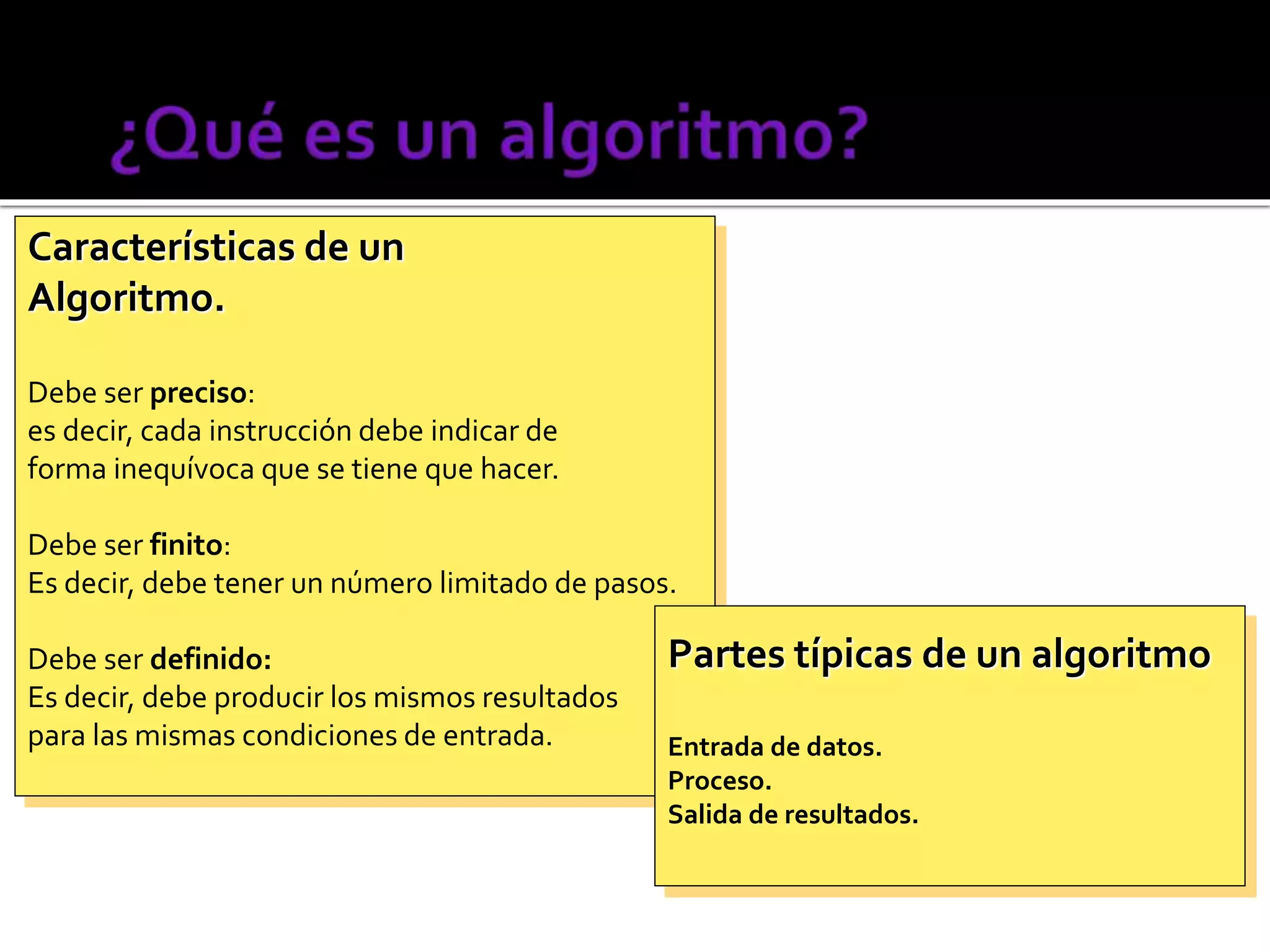 Características de un 
Algoritmo. 
Debe ser preciso: 
es decir, cada instrucción debe indicar de 
forma inequívoca que se tiene que hacer. 
Debe ser finito: 
Es decir, debe tener un número limitado de pasos. 
Debe ser definido: 
Es decir, debe producir los mismos resultados 
para las mismas condiciones de entrada. 
Partes típicas de un algoritmo 
Entrada de datos. 
Proceso. 
Salida de resultados. 
 