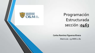 Programación
Estructurada
sección :0463
Carlos Ramírez Figueroa Rivera
Matricula : 19-MIIN-1-82
 