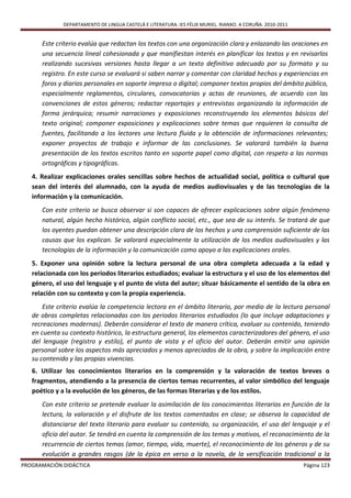 DEPARTAMENTO DE LINGUA CASTELÁ E LITERATURA. IES FÉLIX MURIEL. RIANXO. A CORUÑA. 2010-2011


      Este criterio evalúa que redactan los textos con una organización clara y enlazando las oraciones en
      una secuencia lineal cohesionada y que manifiestan interés en planificar los textos y en revisarlos
      realizando sucesivas versiones hasta llegar a un texto definitivo adecuado por su formato y su
      registro. En este curso se evaluará si saben narrar y comentar con claridad hechos y experiencias en
      foros y diarios personales en soporte impreso o digital; componer textos propios del ámbito público,
      especialmente reglamentos, circulares, convocatorias y actas de reuniones, de acuerdo con las
      convenciones de estos géneros; redactar reportajes y entrevistas organizando la información de
      forma jerárquica; resumir narraciones y exposiciones reconstruyendo los elementos básicos del
      texto original; componer exposiciones y explicaciones sobre temas que requieren la consulta de
      fuentes, facilitando a los lectores una lectura fluida y la obtención de informaciones relevantes;
      exponer proyectos de trabajo e informar de las conclusiones. Se valorará también la buena
      presentación de los textos escritos tanto en soporte papel como digital, con respeto a las normas
      ortográficas y tipográficas.
   4. Realizar explicaciones orales sencillas sobre hechos de actualidad social, política o cultural que
   sean del interés del alumnado, con la ayuda de medios audiovisuales y de las tecnologías de la
   información y la comunicación.
      Con este criterio se busca observar si son capaces de ofrecer explicaciones sobre algún fenómeno
      natural, algún hecho histórico, algún conflicto social, etc., que sea de su interés. Se tratará de que
      los oyentes puedan obtener una descripción clara de los hechos y una comprensión suficiente de las
      causas que los explican. Se valorará especialmente la utilización de los medios audiovisuales y las
      tecnologías de la información y la comunicación como apoyo a las explicaciones orales.
   5. Exponer una opinión sobre la lectura personal de una obra completa adecuada a la edad y
   relacionada con los periodos literarios estudiados; evaluar la estructura y el uso de los elementos del
   género, el uso del lenguaje y el punto de vista del autor; situar básicamente el sentido de la obra en
   relación con su contexto y con la propia experiencia.
       Este criterio evalúa la competencia lectora en el ámbito literario, por medio de la lectura personal
   de obras completas relacionadas con los periodos literarios estudiados (lo que incluye adaptaciones y
   recreaciones modernas). Deberán considerar el texto de manera crítica, evaluar su contenido, teniendo
   en cuenta su contexto histórico, la estructura general, los elementos caracterizadores del género, el uso
   del lenguaje (registro y estilo), el punto de vista y el oficio del autor. Deberán emitir una opinión
   personal sobre los aspectos más apreciados y menos apreciados de la obra, y sobre la implicación entre
   su contenido y las propias vivencias.
   6. Utilizar los conocimientos literarios en la comprensión y la valoración de textos breves o
   fragmentos, atendiendo a la presencia de ciertos temas recurrentes, al valor simbólico del lenguaje
   poético y a la evolución de los géneros, de las formas literarias y de los estilos.
      Con este criterio se pretende evaluar la asimilación de los conocimientos literarios en función de la
      lectura, la valoración y el disfrute de los textos comentados en clase; se observa la capacidad de
      distanciarse del texto literario para evaluar su contenido, su organización, el uso del lenguaje y el
      oficio del autor. Se tendrá en cuenta la comprensión de los temas y motivos, el reconocimiento de la
      recurrencia de ciertos temas (amor, tiempo, vida, muerte), el reconocimiento de los géneros y de su
      evolución a grandes rasgos (de la épica en verso a la novela, de la versificación tradicional a la
PROGRAMACIÓN DIDÁCTICA                                                                                     Página 123
 