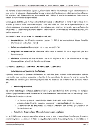 DEPARTAMENTO DE LINGUA CASTELÁ E LITERATURA. IES FÉLIX MURIEL. RIANXO. A CORUÑA. 2010-2011


etc. Por ello, estas diferencias de capacidad, motivación o interés del alumnado obligan a tomar decisiones
para ofrecer la respuesta más adecuada a la programación. Así, las decisiones más importantes radican en
dar más peso a los procedimientos y actitudes que a los conceptos, no sólo en la selección de contenidos,
sino en la evaluación de los aprendizajes.

Existen, pues, distintas vías de respuesta ante la diversidad constatable en el ritmo de aprendizaje de los
alumnos y alumnas en las diferentes etapas y ciclos educativos, así como en la especificidad propia del
mismo proceso de enseñanza-aprendizaje y las motivaciones e intereses personales que manifiestan los
estudiantes. Es tarea del Departamento abordar esta diversidad con medidas de diferente naturaleza, que
podemos resumir en:

5.1 PROPIAS DE LA ESTRUCTURA DEL CENTRO EDUCATIVO
    Agrupamientos en diferentes materias y cursos (1º ESO, 2 agrupamientos de Lingua Castelá e
     Literatura con un total de 4 horas)

    Refuerzos educativos (2 grupos de 2 horas cada una en 2º ESO)

    Programas de Diversificación Curricular (este curso académico no serán impartidos por este
     Departamento)

    Optativas. Contamos con dos optativas: Literaturas hispánicas en 1º de Bachillerato (4 horas) y
     Literatura Universal en 2º de Bachillerato (4 horas)

5.2 PROPIAS DEL DEPARTAMENTO DE LINGUA CASTELÁ E LITERATURA

    Adaptaciones curriculares no significativas
El profesor no necesitará la ayuda del Departamento de Orientación, y será él mismo el que determine los objetivos
y contenidos que considere apropiados en función de las necesidades del alumno Se usarán cuando las
dificultades de aprendizaje no sean muy importantes. No afectan a los contenidos del currículo. Podrán
ser:

       o Metodologías diversas

No existen metodologías perfectas, dada la diversidad y las características de los alumnos, sus ritmos de
aprendizaje y sus necesidades e intereses en las diferentes etapas de su vida escolar. La metodología habrá
de adaptarse teniendo en cuenta:

             Los distintos grados de conocimientos previos detectados en los alumnos.
             La existencia de diferentes grados de autonomía y responsabilidad entre los alumnos.
             La identificación de dificultades en procesos anteriores con alumos que presentan un
               historial disruptivo
       o Actividades de aprendizaje diferenciadas: refuerzo y ampliación

Las actividades que se propongan deben situarse entre lo que ya saben hacer los alumnos de manera
autónoma y lo que son capaces de hacer con ayuda del profesor o de sus compañeros, de tal modo que ni

PROGRAMACIÓN DIDÁCTICA                                                                                    Página 10
 