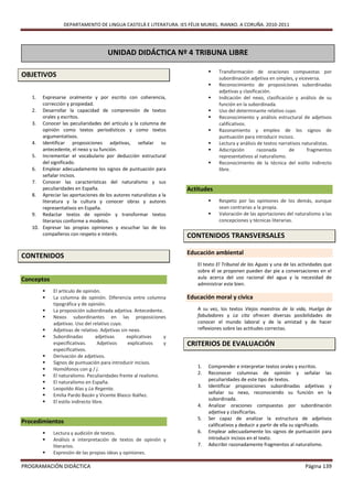 DEPARTAMENTO DE LINGUA CASTELÁ E LITERATURA. IES FÉLIX MURIEL. RIANXO. A CORUÑA. 2010-2011




                                     UNIDAD DIDÁCTICA Nº 4 TRIBUNA LIBRE

                                                                                 
                                                                            Transformación de oraciones compuestas por
OBJETIVOS                                                                   subordinación adjetiva en simples, y viceversa.
                                                                           Reconocimiento de proposiciones subordinadas
                                                                            adjetivas y clasificación.
   1.  Expresarse oralmente y por escrito con coherencia,                  Indicación del nexo, clasificación y análisis de su
       corrección y propiedad.              PRIMERAS               IMPRESIONES en la subordinada.
                                                                            función
   2. Desarrollar la capacidad de comprensión de textos                    Uso del determinante relativo cuyo.
       orales y escritos.                                                  Reconocimiento y análisis estructural de adjetivos
   3. Conocer las peculiaridades del artículo y la columna de               calificativos.
       opinión como textos periodísticos y como textos                     Razonamiento y empleo de los signos de
       argumentativos.                                                      puntuación para introducir incisos.
   4. Identificar proposiciones adjetivas, señalar su                      Lectura y análisis de textos narrativos naturalistas.
       antecedente, el nexo y su función.                                  Adscripción         razonada      de      fragmentos
   5. Incrementar el vocabulario por deducción estructural                  representativos al naturalismo.
       del significado.                                                    Reconocimiento de la técnica del estilo indirecto
   6. Emplear adecuadamente los signos de puntuación para                   libre.
       señalar incisos.
   7. Conocer las características del naturalismo y sus
       peculiaridades en España.                                        Actitudes
   8. Apreciar las aportaciones de los autores naturalistas a la
       literatura y la cultura y conocer obras y autores                            Respeto por las opiniones de los demás, aunque
       representativos en España.                                                    sean contrarias a la propia.
   9. Redactar textos de opinión y transformar textos                               Valoración de las aportaciones del naturalismo a las
       literarios conforme a modelos.                                                concepciones y técnicas literarias.
   10. Expresar las propias opiniones y escuchar las de los
       compañeros con respeto e interés.                                CONTENIDOS TRANSVERSALES

                                                                        Educación ambiental
CONTENIDOS
                                                                            El texto El Tribunal de las Aguas y una de las actividades que
                                                                            sobre él se proponen pueden dar pie a conversaciones en el
Conceptos                                                                   aula acerca del uso racional del agua y la necesidad de
                                                                            administrar este bien.
           El artículo de opinión.
           La columna de opinión. Diferencia entre columna             Educación moral y cívica
            tipográfica y de opinión.
           La proposición subordinada adjetiva. Antecedente.               A su vez, los textos Viejos maestros de la vida, Huelga de
           Nexos subordinantes en las proposiciones                        fabuladores y La cita ofrecen diversas posibilidades de
            adjetivas. Uso del relativo cuyo.                               conocer el mundo laboral y de la amistad y de hacer
           Adjetivas de relativo. Adjetivas sin nexo.                      reflexiones sobre las actitudes correctas.
           Subordinadas          adjetivas     explicativas   y
            especificativas.       Adjetivos    explicativos   y        CRITERIOS DE EVALUACIÓN
            especificativos.
           Derivación de adjetivos.
           Signos de puntuación para introducir incisos.
                                                                            1.   Comprender e interpretar textos orales y escritos.
           Homófonos con g / j.
                                                                            2.   Reconocer columnas de opinión y señalar las
           El naturalismo. Peculiaridades frente al realismo.
                                                                                 peculiaridades de este tipo de textos.
           El naturalismo en España.
                                                                            3.   Identificar proposiciones subordinadas adjetivas y
           Leopoldo Alas y La Regenta.
                                                                                 señalar su nexo, reconociendo su función en la
           Emilia Pardo Bazán y Vicente Blasco Ibáñez.
                                                                                 subordinada.
           El estilo indirecto libre.
                                                                            4.   Analizar oraciones compuestas por subordinación
                                                                                 adjetiva y clasificarlas.
                                                                            5.   Ser capaz de analizar la estructura de adjetivos
Procedimientos                                                                   calificativos y deducir a partir de ella su significado.
           Lectura y audición de textos.                                   6.   Emplear adecuadamente los signos de puntuación para
           Análisis e interpretación de textos de opinión y                     introducir incisos en el texto.
            literarios.                                                     7.   Adscribir razonadamente fragmentos al naturalismo.
           Expresión de las propias ideas y opiniones.

PROGRAMACIÓN DIDÁCTICA                                                                                                       Página 139
 