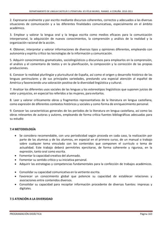DEPARTAMENTO DE LINGUA CASTELÁ E LITERATURA. IES FÉLIX MURIEL. RIANXO. A CORUÑA. 2010-2011


2. Expresarse oralmente y por escrito mediante discursos coherentes, correctos y adecuados a las diversas
situaciones de comunicación y a las diferentes finalidades comunicativas, especialmente en el ámbito
académico.

3. Emplear y valorar la lengua oral y la lengua escrita como medios eficaces para la comunicación
interpersonal, la adquisición de nuevos conocimientos, la comprensión y análisis de la realidad y la
organización racional de la acción.

4. Obtener, interpretar y valorar informaciones de diversos tipos y opiniones diferentes, empleando con
autonomía y espíritu crítico las tecnologías de la información y comunicación.

5. Adquirir conocimientos gramaticales, sociolingüísticos y discursivos para emplearlos en la comprensión,
el análisis y el comentario de textos y en la planificación, la composición y la corrección de las propias
producciones.

6. Conocer la realidad plurilingüe y pluricultural de España, así como el origen y desarrollo histórico de las
lenguas peninsulares y de sus principales variedades, prestando una especial atención al español de
América y favoreciendo una valoración positiva de la diversidad lingüística y cultural.

7. Analizar los diferentes usos sociales de las lenguas y los estereotipos lingüísticos que suponen juicios de
valor y prejuicios, en especial los referidos a las mujeres, para evitarlos.

8. Leer y valorar críticamente obras y fragmentos representativos de la literatura en lengua castellana,
como expresión de diferentes contextos históricos y sociales y como forma de enriquecimiento personal.

9. Conocer las características generales de los períodos de la literatura en lengua castellana, así como las
obras relevantes de autoras y autores, empleando de forma crítica fuentes bibliográficas adecuadas para
su estudio


7.4 METODOLOGÍA
    Se considera recomendable, con una periodicidad según proceda en cada caso, la realización por
     parte de las alumnas y de los alumnos, en especial en el primero curso, de un manual o trabajo
     sobre cualquier tema vinculado con los contenidos que componen el currículo o tema de
     actualidad. Este trabajo deberá permitirles ejercitarse, de forma coherente y rigurosa, en la
     expresión, tanto oral como escrita.
    Fomentar la capacidad creativa del alumnado.
    Fomentar su sentido crítico y su iniciativa personal.
    Adquirir las estrategias y competencias fundamentales para la confección de trabajos académicos.

    Consolidar su capacidad comunicativa en la vertiente escrita.
    Favorecer un conocimiento global que potencie su capacidad de establecer relaciones y
     asociaciones entre contenidos diversos.
    Consolidar su capacidad para recopilar información procedente de diversas fuentes: impresas y
     digitales.


7.5 ATENCIÓN A LA DIVERSIDAD



PROGRAMACIÓN DIDÁCTICA                                                                                      Página 163
 