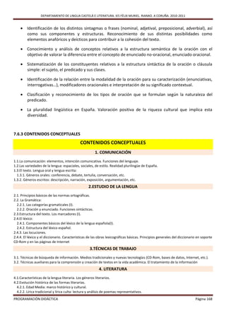 DEPARTAMENTO DE LINGUA CASTELÁ E LITERATURA. IES FÉLIX MURIEL. RIANXO. A CORUÑA. 2010-2011


     Identificación de los distintos sintagmas o frases (nominal, adjetival, preposicional, adverbial), así
      como sus componentes y estructuras. Reconocimiento de sus distintas posibilidades como
      elementos anafóricos y deícticos para contribuir a la cohesión del texto.

     Conocimiento y análisis de conceptos relativos a la estructura semántica de la oración con el
      objetivo de valorar la diferencia entre el concepto de enunciado no-oracional, enunciado oracional.

     Sistematización de los constituyentes relativos a la estructura sintáctica de la oración o cláusula
      simple: el sujeto, el predicado y sus clases.

     Identificación de la relación entre la modalidad de la oración para su caracterización (enunciativas,
      interrogativas…), modificadores oracionales e interpretación de su significado contextual.

     Clasificación y reconocimiento de los tipos de oración que se formulan según la naturaleza del
      predicado.

     La pluralidad lingüística en España. Valoración positiva de la riqueza cultural que implica esta
      diversidad.



7.6.3 CONTENIDOS CONCEPTUALES
                                              CONTENIDOS CONCEPTUALES
                                                        1. COMUNICACIÓN
1.1.La comunicación: elementos, intención comunicativa. Funciones del lenguaje.
1.2.Las variedades de la lengua: espaciales, sociales, de estilo. Realidad plurilingüe de España.
1.3.El texto. Lengua oral y lengua escrita:
  1.3.1. Géneros orales: conferencia, debate, tertulia, conversación, etc.
1.3.2. Géneros escritos: descripción, narración, exposición, argumentación, etc.
                                                   2.ESTUDIO DE LA LENGUA
2.1. Principios básicos de las normas ortográficas.
2.2. La Gramática:
  2.2.1. Las categorías gramaticales (I).
  2.2.2. Oración y enunciado. Funciones sintácticas.
2.3.Estructura del texto. Los marcadores (I).
2.4.El léxico:
  2.4.1. Componentes básicos del léxico de la lengua española(I).
  2.4.2. Estructura del léxico español.
2.4.3. Las locuciones.
2.4.4. El léxico y el diccionario. Características de las obras lexicográficas básicas. Principios generales del diccionario en soporte
CD-Rom y en las páginas de Internet
                                                    3.TÉCNICAS DE TRABAJO
3.1. Técnicas de búsqueda de información. Medios tradicionales y nuevas tecnologías (CD-Rom, bases de datos, Internet, etc.).
3.2. Técnicas auxiliares para la comprensión y creación de textos en la vida académica. El tratamiento de la información
                                                           4. LITERATURA
4.1.Características de la lengua literaria. Los géneros literarios.
4.2.Evolución histórica de las formas literarias.
  4.2.1. Edad Media: marco histórico y cultural.
  4.2.2. Lírica tradicional y lírica culta: lectura y análisis de poemas representativos.
PROGRAMACIÓN DIDÁCTICA                                                                                                     Página 168
 