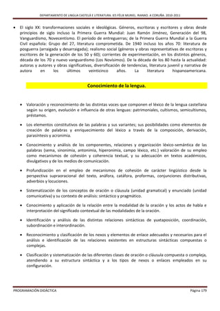 DEPARTAMENTO DE LINGUA CASTELÁ E LITERATURA. IES FÉLIX MURIEL. RIANXO. A CORUÑA. 2010-2011


   El siglo XX: transformaciones sociales e ideológicas. Géneros, escritoras y escritores y obras desde
    principios de siglo incluso la Primera Guerra Mundial: Juan Ramón Jiménez, Generación del 98,
    Vanguardismo, Novecentismo. El período de entreguerras; de la Primera Guerra Mundial a la Guerra
    Civil española: Grupo del 27, literatura comprometida. De 1940 incluso los años 70: literatura de
    posguerra (arraigada y desarraigada); realismo social (géneros y obras representativas de escritoras y
    escritores de la generación de los 50 y 60); corrientes de experimentación, en los distintos géneros,
    década de los 70 y nuevo vanguardismo (Los Novísimos). De la década de los 80 hasta la actualidad:
    autoras y autores y obras significativas, diversificación de tendencias, literatura juvenil y narrativa de
    autora      en     los    últimos      veinticinco      años.    La    literatura      hispanoamericana.


                                             Conocimiento de la lengua.


     Valoración y reconocimiento de las distintas voces que componen el léxico de la lengua castellana
      según su origen, evolución e influencia de otras lenguas: patrimoniales, cultismos, semicultismos,
      préstamos.

     Los elementos constitutivos de las palabras y sus variantes; sus posibilidades como elementos de
      creación de palabras y enriquecimiento del léxico a través de la composición, derivación,
      parasíntesis y acronimia.

     Conocimiento y análisis de los componentes, relaciones y organización léxico-semántica de las
      palabras (sema, sinonimia, antonimia, hiperonimia, campo léxico, etc.) valoración de su empleo
      como mecanismos de cohesión y coherencia textual, y su adecuación en textos académicos,
      divulgativos y de los medios de comunicación.

     Profundización en el empleo de mecanismos de cohesión de carácter lingüístico desde la
      perspectiva supraoracional del texto, anáfora, catáfora, proformas, conjunciones distributivas,
      adverbios y locuciones.

     Sistematización de los conceptos de oración o cláusula (unidad gramatical) y enunciado (unidad
      comunicativa) y su contexto de análisis: sintáctico y pragmático.

     Conocimiento y aplicación de la relación entre la modalidad de la oración y los actos de habla e
      interpretación del significado contextual de las modalidades de la oración.

     Identificación y análisis de las distintas relaciones sintácticas de yuxtaposición, coordinación,
      subordinación e interordinación.

     Reconocimiento y clasificación de los nexos y elementos de enlace adecuados y necesarios para el
      análisis e identificación de las relaciones existentes en estructuras sintácticas compuestas o
      complejas.

     Clasificación y sistematización de las diferentes clases de oración o cláusula compuesta o compleja,
      atendiendo a su estructura sintáctica y a los tipos de nexos o enlaces empleados en su
      configuración.




PROGRAMACIÓN DIDÁCTICA                                                                                      Página 179
 