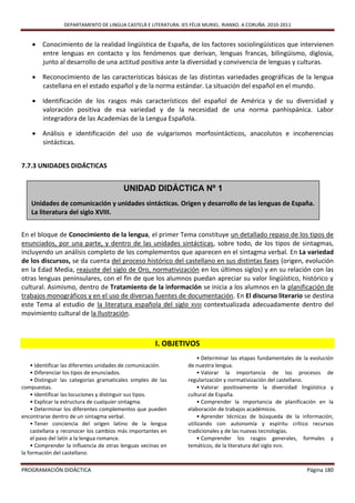 DEPARTAMENTO DE LINGUA CASTELÁ E LITERATURA. IES FÉLIX MURIEL. RIANXO. A CORUÑA. 2010-2011


     Conocimiento de la realidad lingüística de España, de los factores sociolingüísticos que intervienen
      entre lenguas en contacto y los fenómenos que derivan, lenguas francas, bilingüismo, diglosia,
      junto al desarrollo de una actitud positiva ante la diversidad y convivencia de lenguas y culturas.

     Reconocimiento de las características básicas de las distintas variedades geográficas de la lengua
      castellana en el estado español y de la norma estándar. La situación del español en el mundo.

     Identificación de los rasgos más característicos del español de América y de su diversidad y
      valoración positiva de esa variedad y de la necesidad de una norma panhispánica. Labor
      integradora de las Academias de la Lengua Española.

     Análisis e identificación del uso de vulgarismos morfosintácticos, anacolutos e incoherencias
      sintácticas.


7.7.3 UNIDADES DIDÁCTICAS


                                         UNIDAD DIDÁCTICA Nº 1
    Unidades de comunicación y unidades sintácticas. Origen y desarrollo de las lenguas de España.
    La literatura del siglo XVIII.


En el bloque de Conocimiento de la lengua, el primer Tema constituye un detallado repaso de los tipos de
enunciados, por una parte, y dentro de las unidades sintácticas, sobre todo, de los tipos de sintagmas,
incluyendo un análisis completo de los complementos que aparecen en el sintagma verbal. En La variedad
de los discursos, se da cuenta del proceso histórico del castellano en sus distintas fases (origen, evolución
en la Edad Media, reajuste del siglo de Oro, normativización en los últimos siglos) y en su relación con las
otras lenguas peninsulares, con el fin de que los alumnos puedan apreciar su valor lingüístico, histórico y
cultural. Asimismo, dentro de Tratamiento de la información se inicia a los alumnos en la planificación de
trabajos monográficos y en el uso de diversas fuentes de documentación. En El discurso literario se destina
este Tema al estudio de la literatura española del siglo XVIII contextualizada adecuadamente dentro del
movimiento cultural de la Ilustración.



                                                      I. OBJETIVOS
                                                                      • Determinar las etapas fundamentales de la evolución
    • Identificar las diferentes unidades de comunicación.        de nuestra lengua.
    • Diferenciar los tipos de enunciados.                            • Valorar la importancia de los procesos de
    • Distinguir las categorías gramaticales simples de las       regularización y normativización del castellano.
compuestas.                                                           • Valorar positivamente la diversidad lingüística y
    • Identificar las locuciones y distinguir sus tipos.          cultural de España.
    • Explicar la estructura de cualquier sintagma.                   • Comprender la importancia de planificación en la
    • Determinar los diferentes complementos que pueden           elaboración de trabajos académicos.
encontrarse dentro de un sintagma verbal.                             • Aprender técnicas de búsqueda de la información,
    • Tener conciencia del origen latino de la lengua             utilizando con autonomía y espíritu crítico recursos
    castellana y reconocer los cambios más importantes en         tradicionales y de las nuevas tecnologías.
    el paso del latín a la lengua romance.                            • Comprender los rasgos generales, formales y
    • Comprender la influencia de otras lenguas vecinas en        temáticos, de la literatura del siglo XVIII.
la formación del castellano.

PROGRAMACIÓN DIDÁCTICA                                                                                          Página 180
 