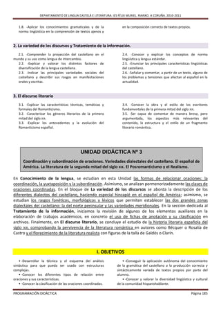 DEPARTAMENTO DE LINGUA CASTELÁ E LITERATURA. IES FÉLIX MURIEL. RIANXO. A CORUÑA. 2010-2011


   1.8. -Aplicar los conocimientos gramaticales y de la              en la composición correcta de textos propios.
   norma lingüística en la comprensión de textos ajenos y


2. La variedad de los discursos y Tratamiento de la información.
  2.1. -Comprender la proyección del castellano en el                2.4. -Conocer y explicar los conceptos de norma
mundo y su uso como lengua de intercambio.                           lingüística y lengua estándar.
  2.2. -Explicar y valorar los distintos factores de                 2.5. -Enunciar las principales características lingüísticas
  diversificación de la lengua castellana.                           del castellano.
  2.3. -Indicar las principales variedades sociales del              2.6. -Señalar y comentar, a partir de un texto, alguno de
  castellano y describir sus rasgos en manifestaciones               los problemas y tensiones que afectan al español en la
  orales y escritas.                                                 actualidad.


3. El discurso literario
   3.1. -Explicar las características técnicas, temáticas y          3.4. -Conocer la obra y el estilo de los escritores
   formales del Romanticismo.                                        fundamentales de la primera mitad del siglo XIX.
   3.2. -Caracterizar los géneros literarios de la primera           3.5. -Ser capaz de comentar de manera breve, pero
   mitad del siglo XIX.                                              argumentada, los aspectos más relevantes del
   3.3. -Explicar los antecedentes y la evolución del                contenido, la estructura y el estilo de un fragmento
   Romanticismo español.                                             literario romántico.




                                             UNIDAD DIDÁCTICA Nº 3
      Coordinación y subordinación de oraciones. Variedades dialectales del castellano. El español de
      América. La literatura de la segunda mitad del siglo XIX. El Posromanticismo y el Realismo.

En Conocimiento de la lengua, se estudian en esta Unidad las formas de relacionar oraciones: la
coordinación, la yuxtaposición y la subordinación. Asimismo, se analizan pormenorizadamente las clases de
oraciones coordinadas. En el bloque de La variedad de los discursos se aborda la descripción de los
diferentes dialectos del castellano, haciendo especial hincapié en el español de América; asimismo, se
estudian los rasgos fonéticos, morfológicos y léxicos que permiten establecer las dos grandes zonas
dialectales del castellano: la del norte peninsular y las variedades meridionales. En la sección dedicada al
Tratamiento de la información, iniciamos la revisión de algunos de los elementos auxiliares en la
elaboración de trabajos académicos, en concreto el uso de fichas de anotación y su clasificación en
archivos. Finalmente, en El discurso literario, se concluye el estudio de la historia literaria española del
siglo XIX, comprobando la pervivencia de la literatura romántica en autores como Bécquer o Rosalía de
Castro y el florecimiento de la literatura realista con figuras de la talla de Galdós o Clarín.



                                                        I. OBJETIVOS
    • -Desarrollar la técnica y el esquema del análisis               • -Conseguir la aplicación autónoma del conocimiento
sintáctico para que pueda ser usado con estructuras               de la gramática del castellano a la producción correcta y
complejas.                                                        sintácticamente variada de textos propios por parte del
    • -Conocer los diferentes tipos de relación entre             alumno.
oraciones y sus características.                                      • -Conocer y valorar la diversidad lingüística y cultural
    • -Conocer la clasificación de las oraciones coordinadas.     de la comunidad hispanohablante.

PROGRAMACIÓN DIDÁCTICA                                                                                               Página 185
 