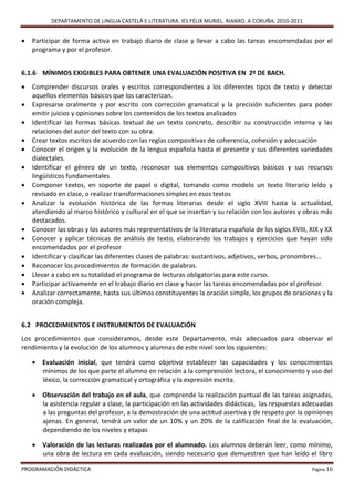 DEPARTAMENTO DE LINGUA CASTELÁ E LITERATURA. IES FÉLIX MURIEL. RIANXO. A CORUÑA. 2010-2011


   Participar de forma activa en trabajo diario de clase y llevar a cabo las tareas encomendadas por el
    programa y por el profesor.


6.1.6 MÍNIMOS EXIGIBLES PARA OBTENER UNA EVALUACIÓN POSITIVA EN 2º DE BACH.
   Comprender discursos orales y escritos correspondientes a los diferentes tipos de texto y detectar
    aquellos elementos básicos que los caracterizan.
   Expresarse oralmente y por escrito con corrección gramatical y la precisión suficientes para poder
    emitir juicios y opiniones sobre los contenidos de los textos analizados
   Identificar las formas básicas textual de un texto concreto, describir su construcción interna y las
    relaciones del autor del texto con su obra.
   Crear textos escritos de acuerdo con las reglas compositivas de coherencia, cohesión y adecuación
   Conocer el origen y la evolución de la lengua española hasta el presente y sus diferentes variedades
    dialectales.
   Identificar el género de un texto, reconocer sus elementos compositivos básicos y sus recursos
    lingüísticos fundamentales
   Componer textos, en soporte de papel o digital, tomando como modelo un texto literario leído y
    revisado en clase, o realizar transformaciones simples en esos textos
   Analizar la evolución histórica de las formas literarias desde el siglo XVIII hasta la actualidad,
    atendiendo al marco histórico y cultural en el que se insertan y su relación con los autores y obras más
    destacados.
   Conocer las obras y los autores más representativos de la literatura española de los siglos XVIII, XIX y XX
   Conocer y aplicar técnicas de análisis de texto, elaborando los trabajos y ejercicios que hayan sido
    encomendados por el profesor
   Identificar y clasificar las diferentes clases de palabras: sustantivos, adjetivos, verbos, pronombres...
   Reconocer los procedimientos de formación de palabras.
   Llevar a cabo en su totalidad el programa de lecturas obligatorias para este curso.
   Participar activamente en el trabajo diario en clase y hacer las tareas encomendadas por el profesor.
   Analizar correctamente, hasta sus últimos constituyentes la oración simple, los grupos de oraciones y la
    oración compleja.


6.2 PROCEDIMIENTOS E INSTRUMENTOS DE EVALUACIÓN
Los procedimientos que consideramos, desde este Departamento, más adecuados para observar el
rendimiento y la evolución de los alumnos y alumnas de este nivel son los siguientes:

     Evaluación inicial, que tendrá como objetivo establecer las capacidades y los conocimientos
      mínimos de los que parte el alumno en relación a la comprensión lectora, el conocimiento y uso del
      léxico, la corrección gramatical y ortográfica y la expresión escrita.

     Observación del trabajo en el aula, que comprende la realización puntual de las tareas asignadas,
      la asistencia regular a clase, la participación en las actividades didácticas, las respuestas adecuadas
      a las preguntas del profesor, a la demostración de una actitud asertiva y de respeto por la opiniones
      ajenas. En general, tendrá un valor de un 10% y un 20% de la calificación final de la evaluación,
      dependiendo de los niveles y etapas

     Valoración de las lecturas realizadas por el alumnado. Los alumnos deberán leer, como mínimo,
      una obra de lectura en cada evaluación, siendo necesario que demuestren que han leído el libro

PROGRAMACIÓN DIDÁCTICA                                                                                 Página 16
 